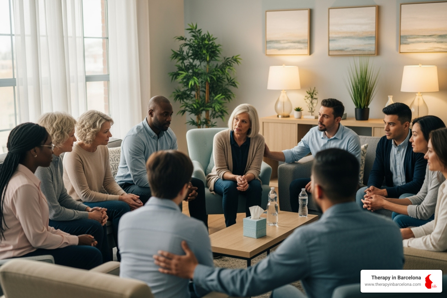 Diverse group of people in a group therapy session, engaged and supportive - Evidence based therapy