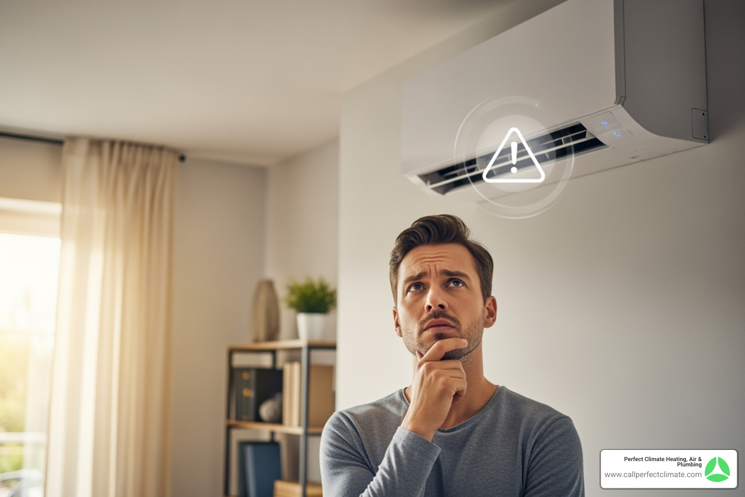 Ductless unit with a warning icon or a homeowner looking at it with concern - ductless hvac maintenance in chandler in Ductless unit with a warning icon or a homeowner looking at it with concern - ductless hvac maintenance in chandler in