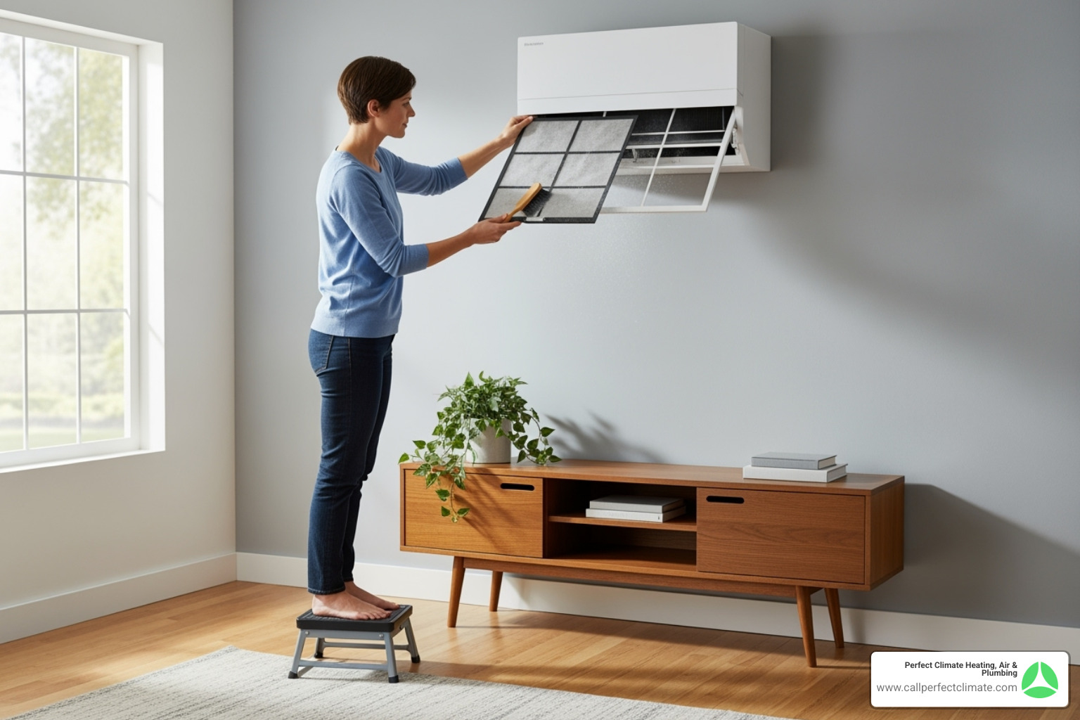 Homeowner easily cleaning the filter of an indoor ductless unit - ductless hvac maintenance in chandler in Homeowner easily cleaning the filter of an indoor ductless unit - ductless hvac maintenance in chandler in