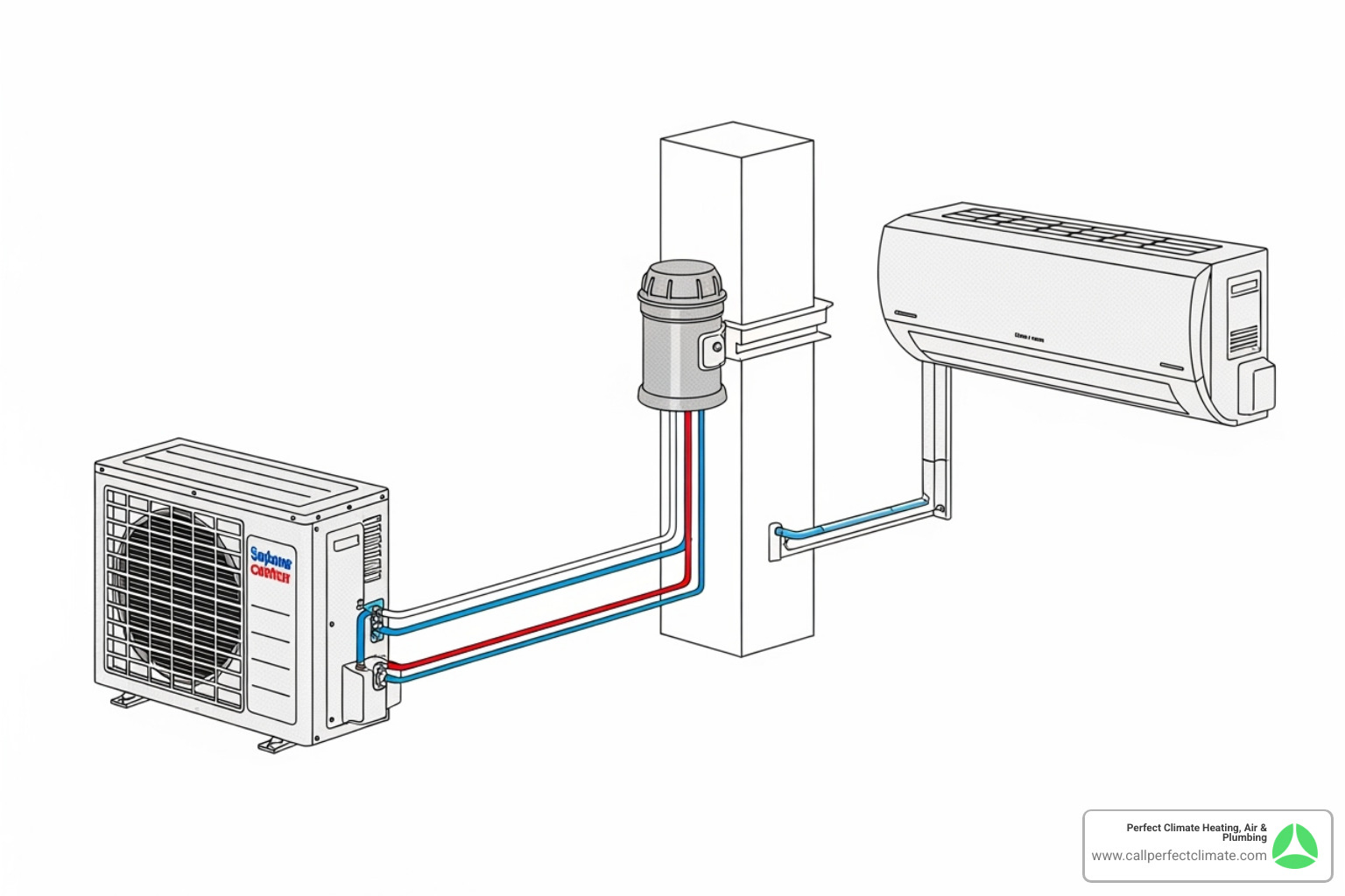 Diagram showing how a ductless mini-split system works, with the outdoor and indoor units connected by refrigerant lines - ductless hvac maintenance in chandler in Diagram showing how a ductless mini-split system works, with the outdoor and indoor units connected by refrigerant lines - ductless hvac maintenance in chandler in
