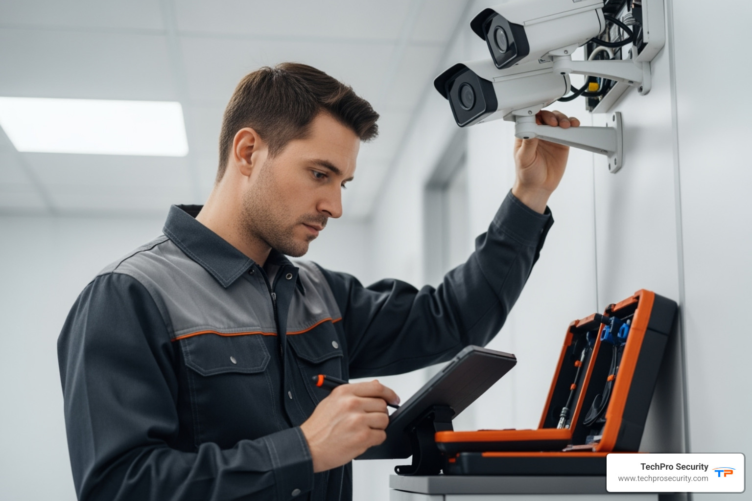 professional technician diagnosing commercial camera system - repair and maintenence to security cameras