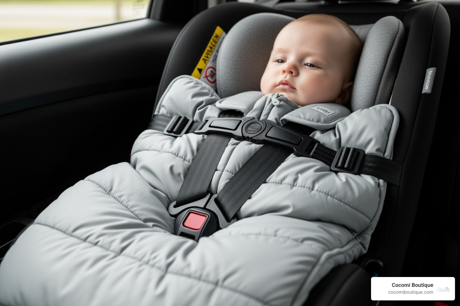 A graphic demonstrating the correct way to buckle a car seat harness over a baby in a Cocomi Boutique footmuff. The harness straps are clearly visible, lying flat and snug against the baby's shoulders and hips, ensuring no bulk from the footmuff interferes with the fit. - what is a baby footmuff A graphic demonstrating the correct way to buckle a car seat harness over a baby in a Cocomi Boutique footmuff. The harness straps are clearly visible, lying flat and snug against the baby's shoulders and hips, ensuring no bulk from the footmuff interferes with the fit. - what is a baby footmuff