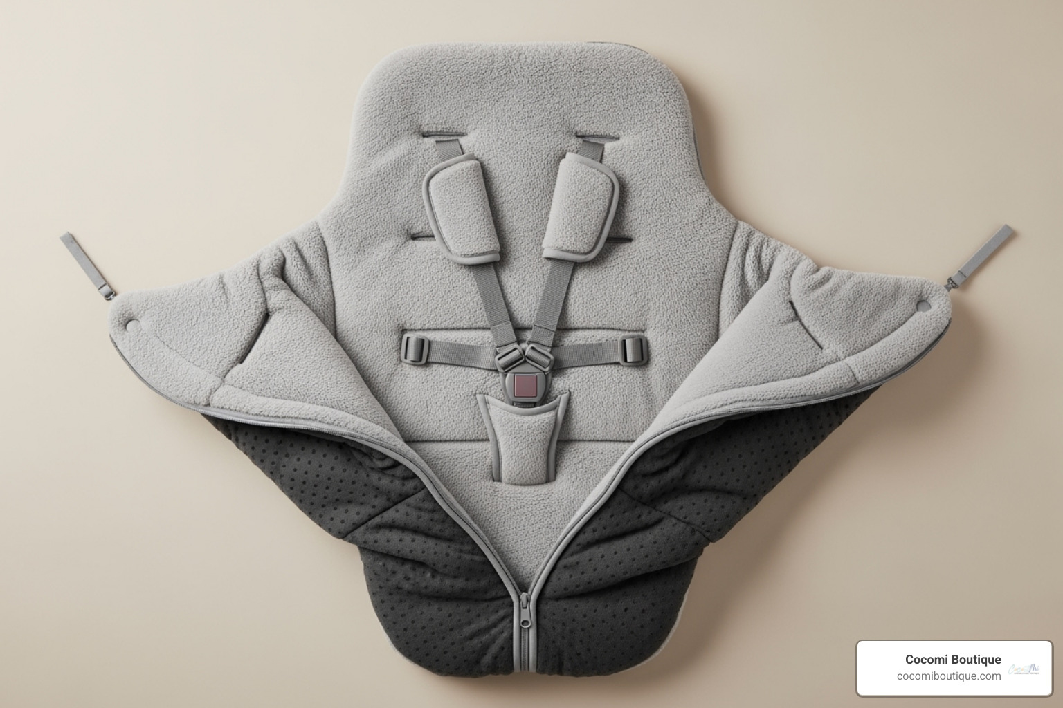 A Cocomi Boutique footmuff laid flat, showcasing the harness slots, a central zipper, and an anti-slip backing texture - what is a baby footmuff A Cocomi Boutique footmuff laid flat, showcasing the harness slots, a central zipper, and an anti-slip backing texture - what is a baby footmuff