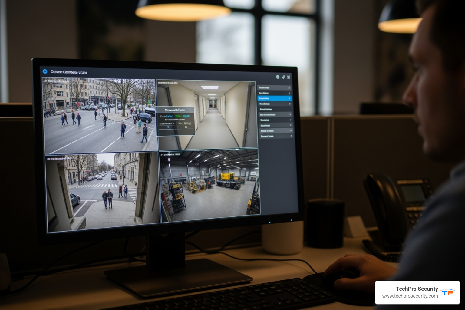 person troubleshooting security camera feed on monitor - repair and maintenence to security cameras