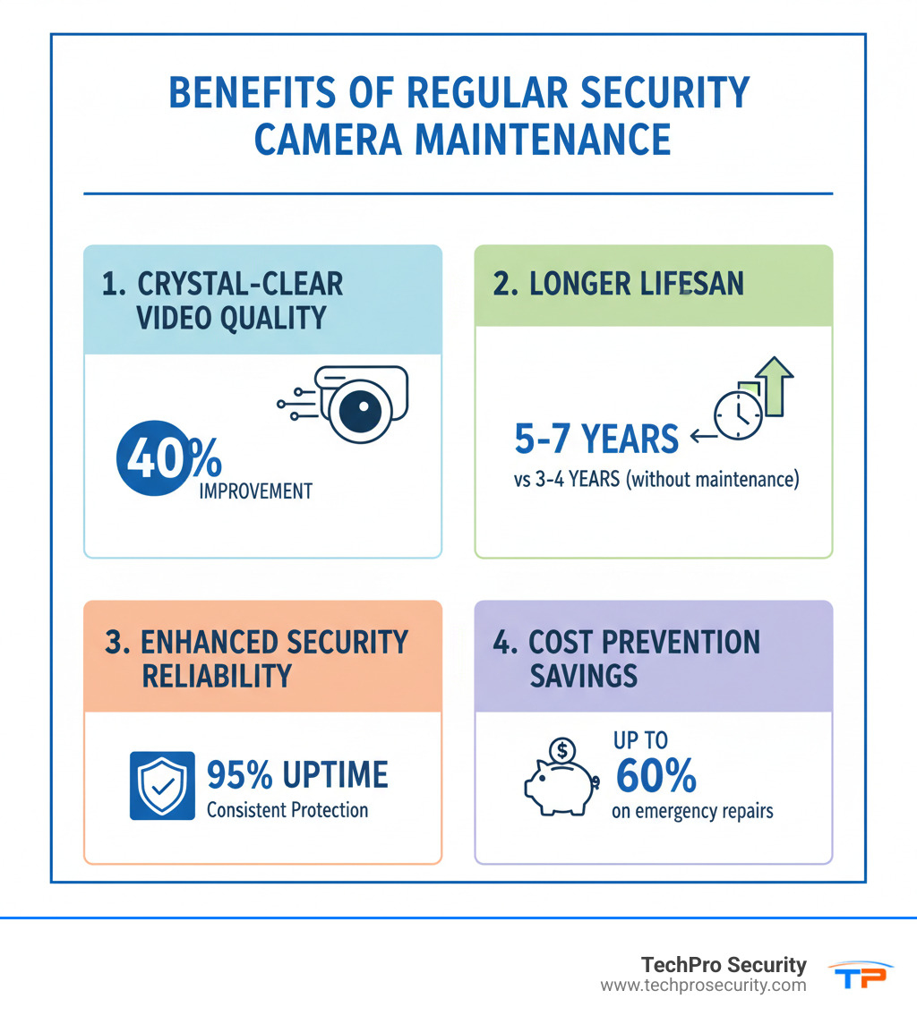 infographic showing the key benefits of regular security camera maintenance: crystal-clear video quality with 40% improvement, longer lifespan of 5-7 years versus 3-4 years without maintenance, enhanced security reliability with 95% uptime, and cost prevention savings of up to 60% on emergency repairs - repair and maintenence to security cameras infographic 