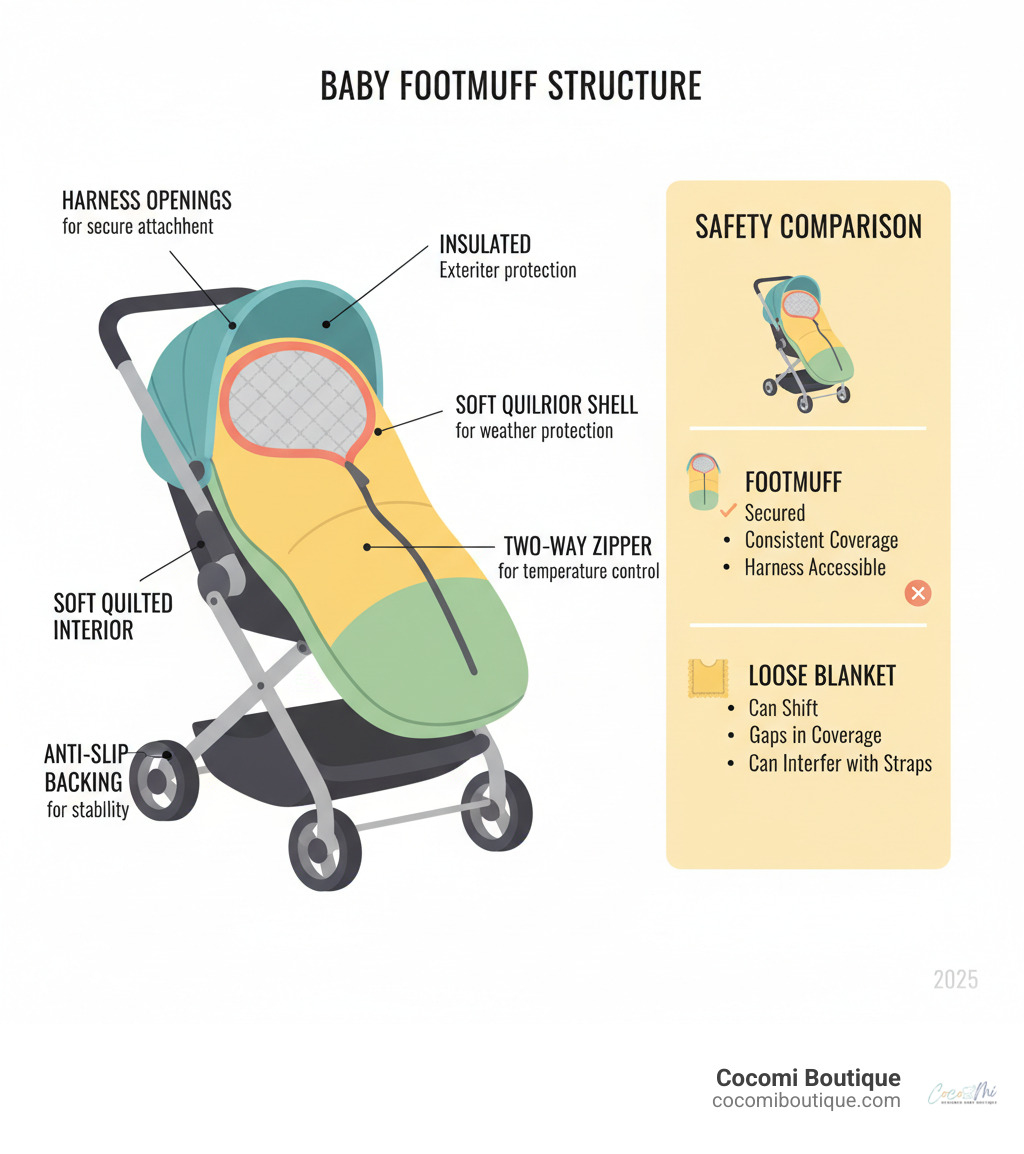 Infographic showing baby footmuff structure with labeled parts: harness openings for secure attachment, insulated exterior shell for weather protection, soft quilted interior for warmth, two-way zipper for temperature control, and anti-slip backing for stability. Comparison sidebar shows footmuff versus loose blanket highlighting safety benefits: secured vs can shift, consistent coverage vs gaps, harness accessible vs can interfere with straps - what is a baby footmuff infographic Infographic showing baby footmuff structure with labeled parts: harness openings for secure attachment, insulated exterior shell for weather protection, soft quilted interior for warmth, two-way zipper for temperature control, and anti-slip backing for stability. Comparison sidebar shows footmuff versus loose blanket highlighting safety benefits: secured vs can shift, consistent coverage vs gaps, harness accessible vs can interfere with straps - what is a baby footmuff infographic