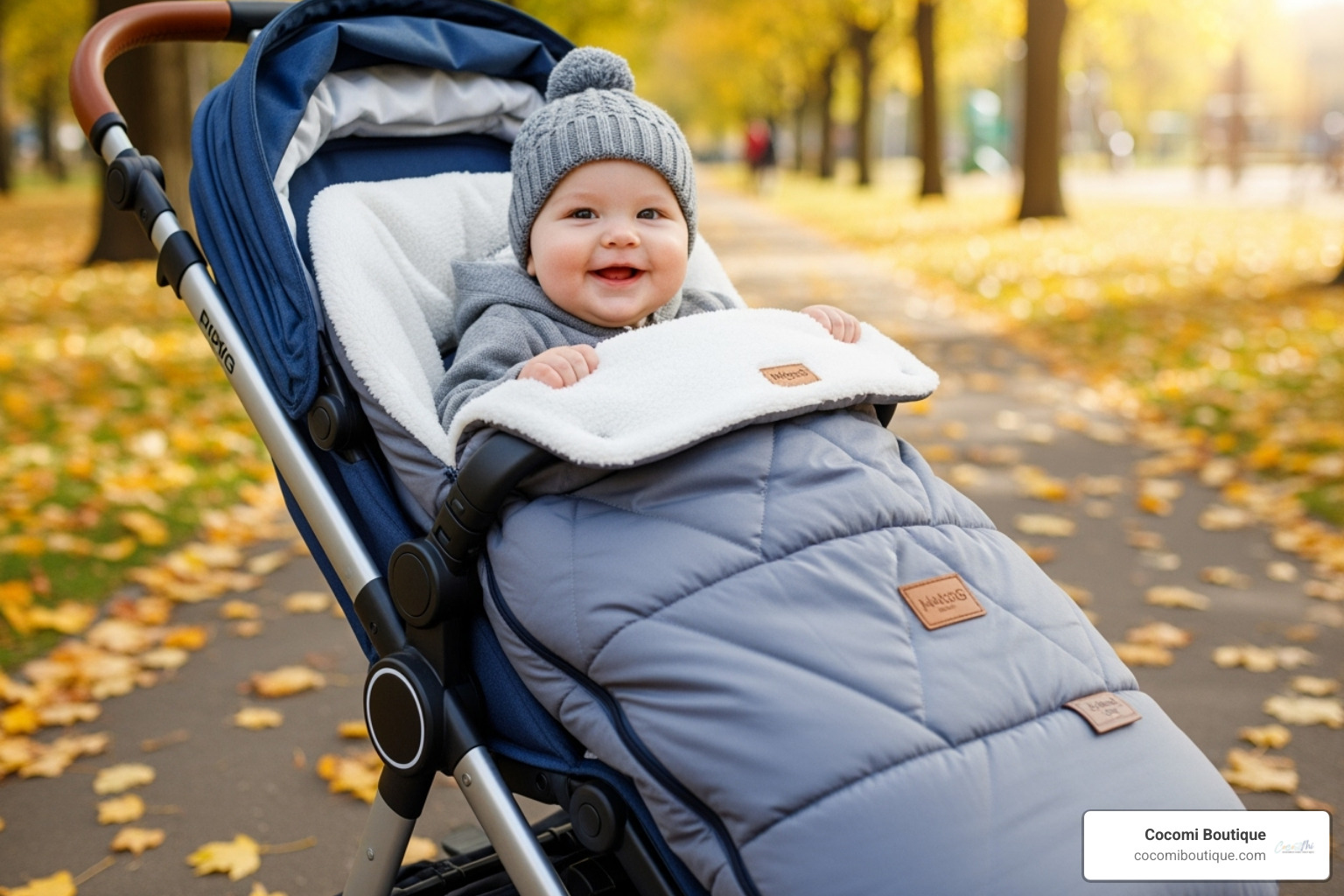 A close-up image of a Cocomi Boutique footmuff's features, highlighting a two-way zipper, harness slots, and the textured anti-slip material on the back. - what is a baby footmuff A close-up image of a Cocomi Boutique footmuff's features, highlighting a two-way zipper, harness slots, and the textured anti-slip material on the back. - what is a baby footmuff