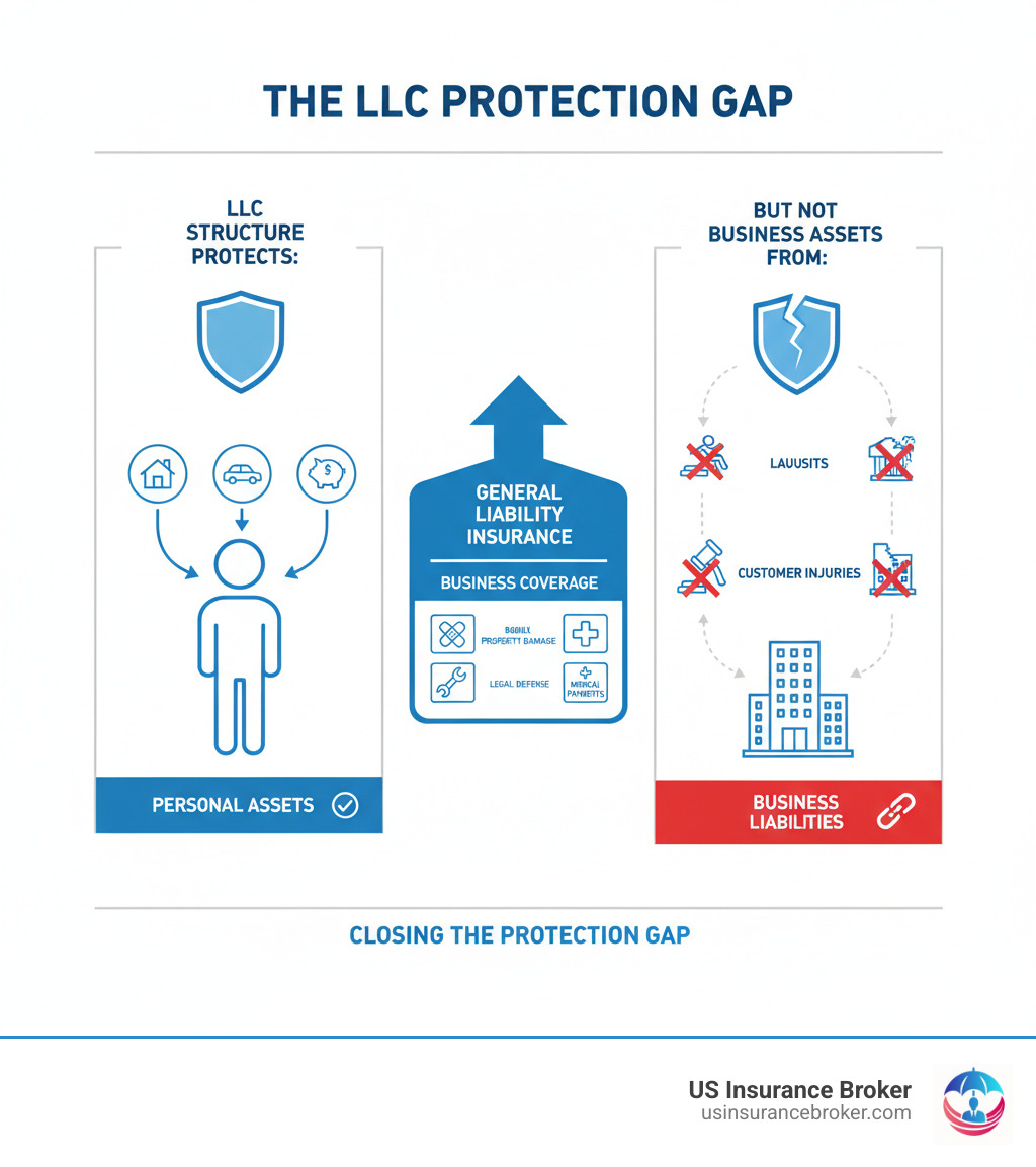 Infographic showing the protection gap: LLC structure protects personal assets from business debts (house, car, personal savings), but does not protect business assets from liability claims (lawsuits, customer injuries, property damage). General liability insurance covers the business side with bodily injury coverage, property damage coverage, legal defense costs, and medical payments. - liability insurance for an llc infographic Infographic showing the protection gap: LLC structure protects personal assets from business debts (house, car, personal savings), but does not protect business assets from liability claims (lawsuits, customer injuries, property damage). General liability insurance covers the business side with bodily injury coverage, property damage coverage, legal defense costs, and medical payments. - liability insurance for an llc infographic