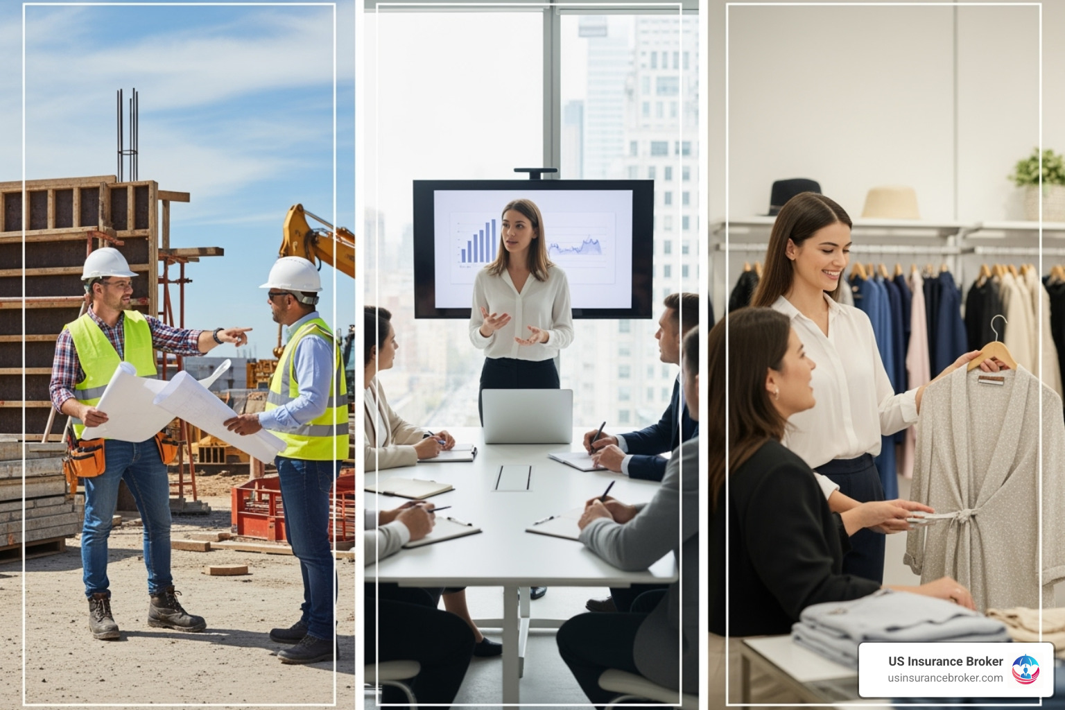 Image of different business scenarios: a contractor on a job site, a consultant in a meeting, a retail store - liability insurance for an llc Image of different business scenarios: a contractor on a job site, a consultant in a meeting, a retail store - liability insurance for an llc