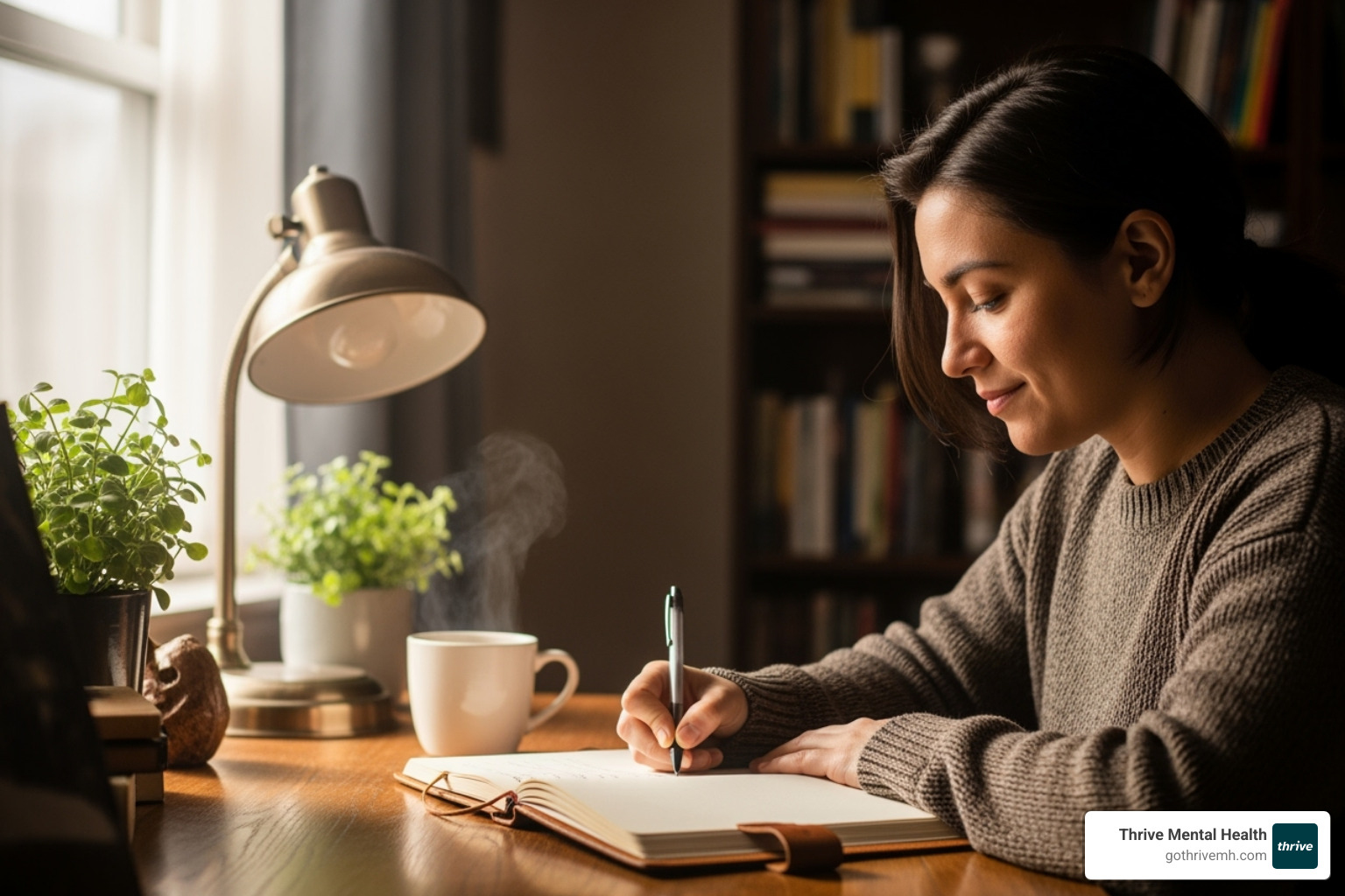 A person writing in a journal, with gentle natural light, symbolizing introspection and challenging negative thoughts - Why Do I Feel Like a Burden? — and How to Heal