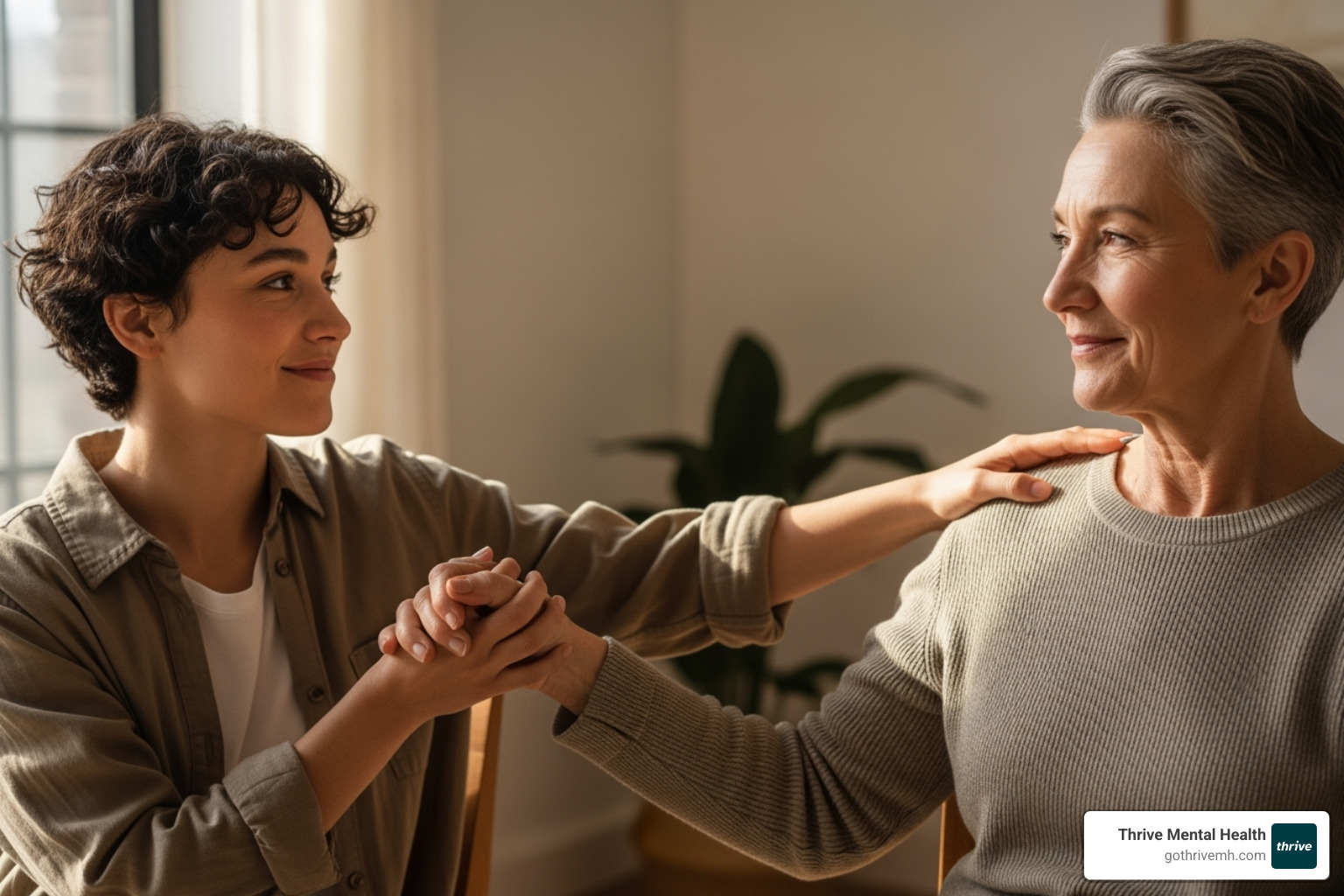 A person looking hopeful and connecting with another person, symbolizing renewed connection and support - Why Do I Feel Like a Burden? — and How to Heal