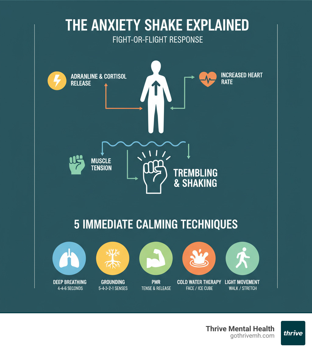 Infographic showing the body's fight-or-flight response, including the release of adrenaline and cortisol, increased heart rate, muscle tension, and how these lead to trembling and shaking, alongside five immediate calming techniques: deep breathing, grounding, progressive muscle relaxation, cold water therapy, and light movement - How Can I Stop Anxiety Shakes Immediately? infographic 