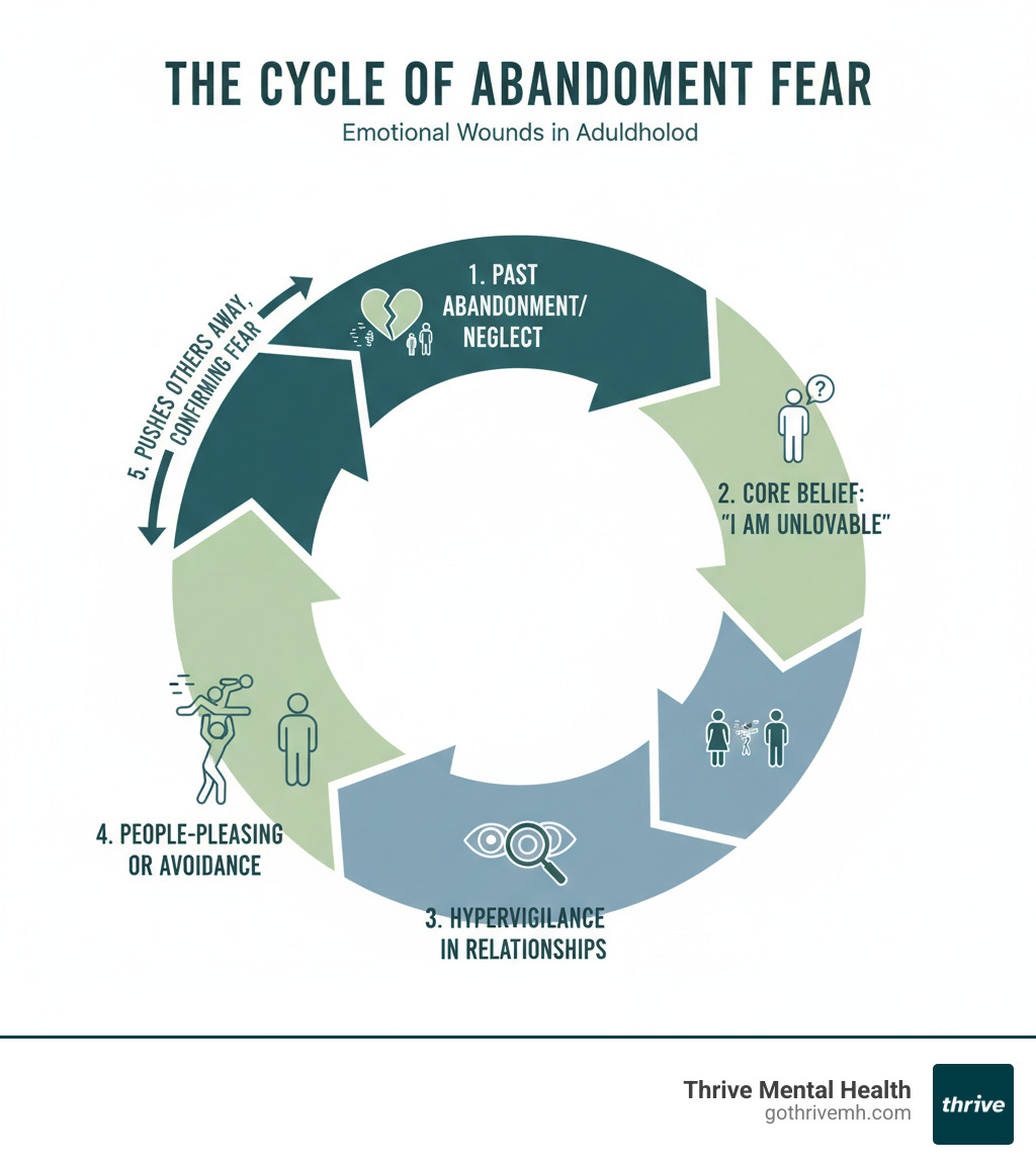 Infographic showing the cycle of abandonment fear: Past abandonment or neglect leads to core belief of being unlovable, which triggers hypervigilance in relationships, causing people-pleasing or avoidance behaviors, which may push others away, confirming the original fear and restarting the cycle - What Are Signs of Abandonment Issues in Adults? infographic 