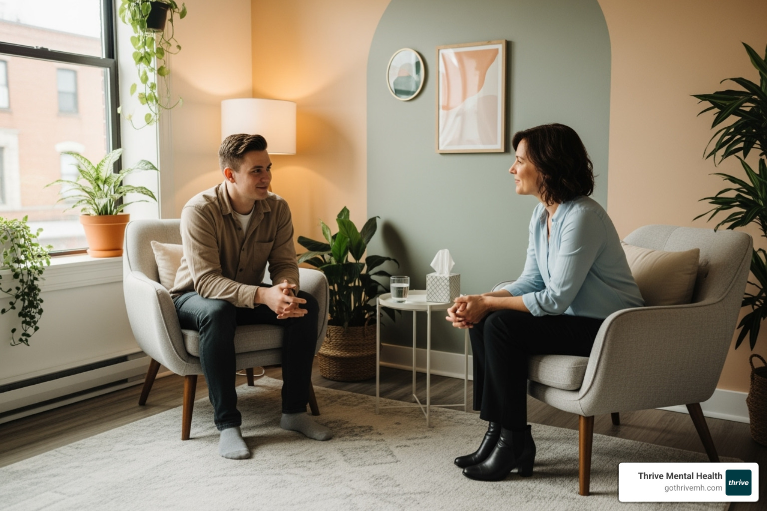 Image of a person in a therapy session, looking hopeful as they talk to a therapist - What Are Signs of Abandonment Issues in Adults?