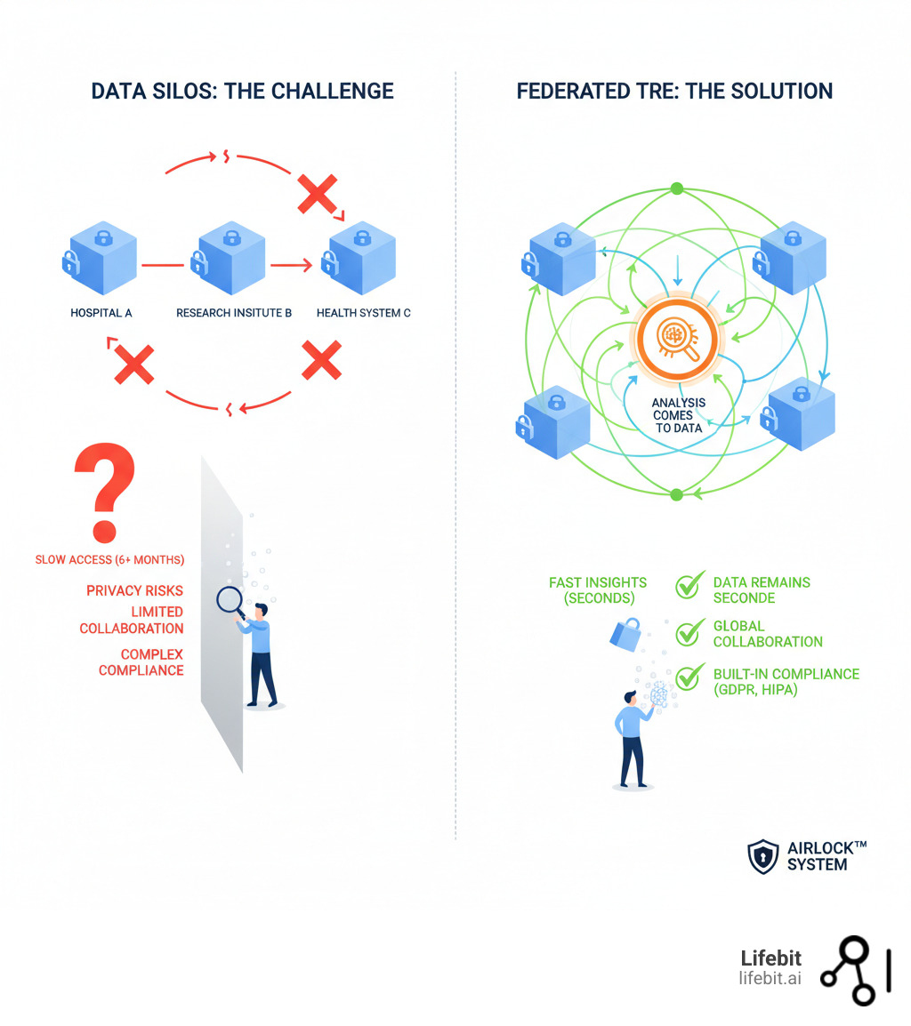 infographic showing the challenge of accessing siloed sensitive health data across hospitals and institutions versus the federated TRE solution where analysis comes to data, maintaining security and compliance while enabling collaboration - Lifebit's Trusted Research Environment infographic 