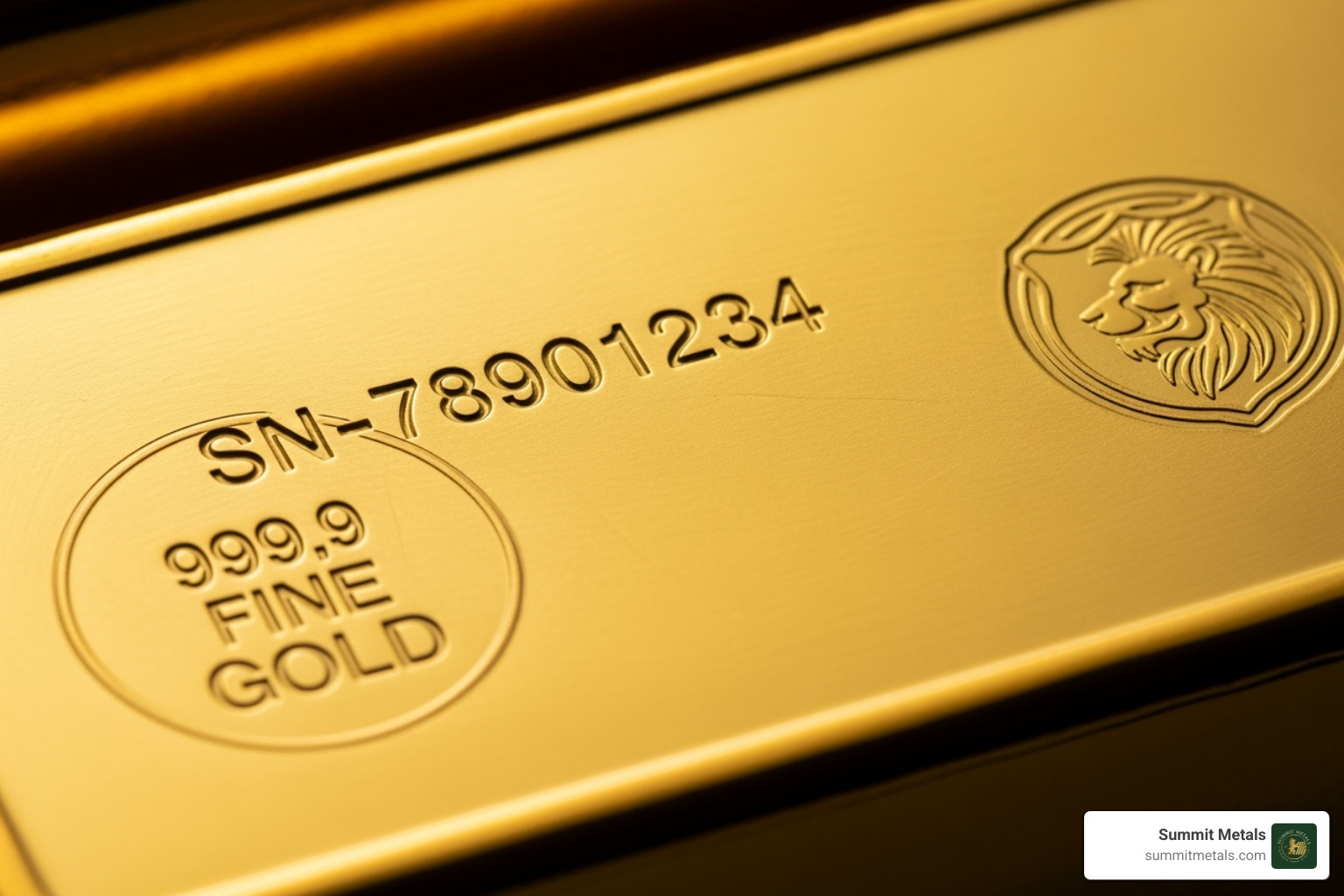 Close-up on a gold bar's serial number and purity stamp - buy 10 gram gold