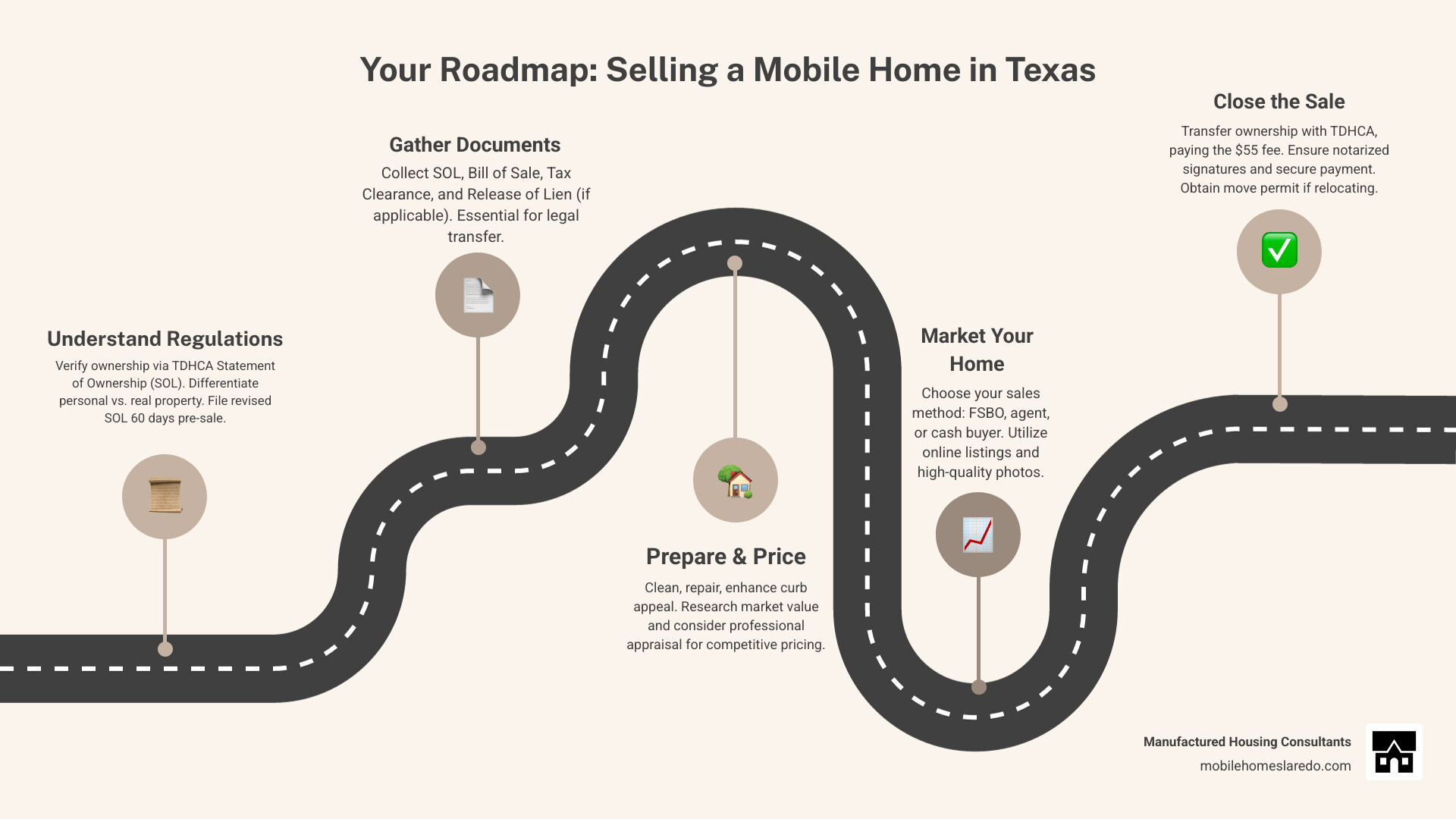 infographic showing the complete process of selling a mobile home in texas, including regulatory requirements from TDHCA, required documents like Statement of Ownership and tax clearance, preparation steps like staging and pricing, marketing options including FSBO and cash buyers, and closing procedures with timeline of 15 days for standard processing and 60-day advance SOL filing requirement - how to sell a mobile home in texas infographic roadmap-5-steps infographic showing the complete process of selling a mobile home in texas, including regulatory requirements from TDHCA, required documents like Statement of Ownership and tax clearance, preparation steps like staging and pricing, marketing options including FSBO and cash buyers, and closing procedures with timeline of 15 days for standard processing and 60-day advance SOL filing requirement - how to sell a mobile home in texas infographic roadmap-5-steps