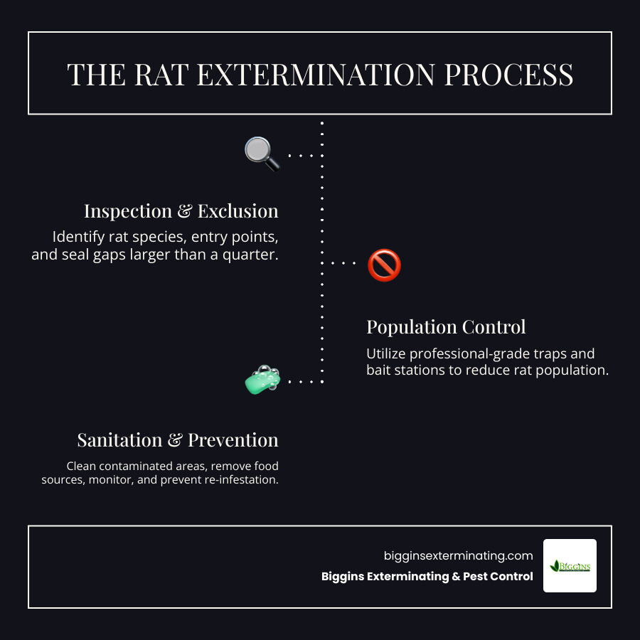 Infographic showing the rat extermination process: Step 1 - Inspection and identification of rat species and entry points; Step 2 - Exclusion work sealing gaps and openings larger than a quarter; Step 3 - Population control using traps and professional-grade bait stations; Step 4 - Sanitation removing food sources and cleaning contaminated areas; Step 5 - Monitoring with follow-up inspections to ensure complete elimination; Step 6 - Prevention with ongoing maintenance and seasonal adjustments - rat infestation extermination infographic infographic-line-3-steps-dark