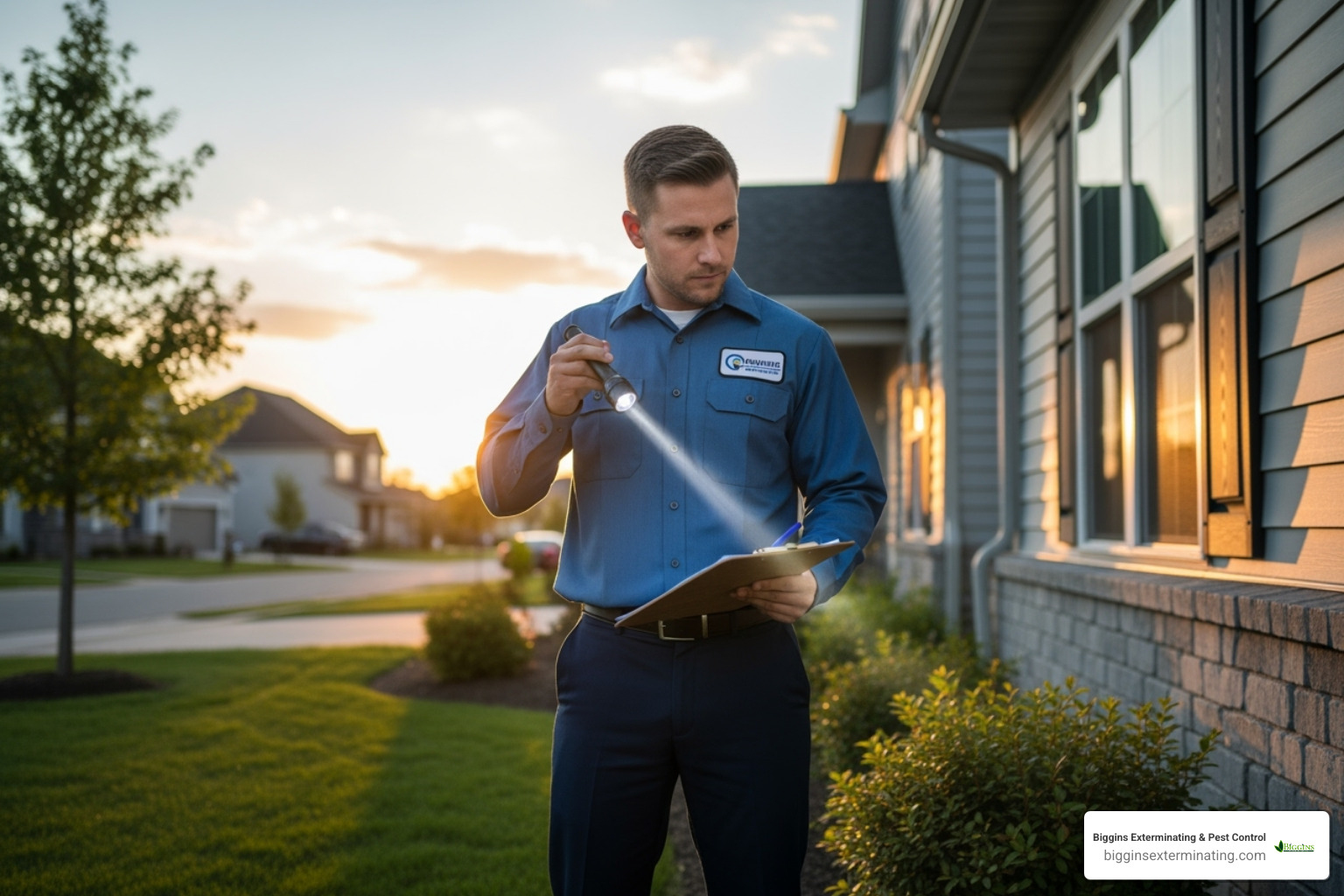 Image of a professional pest control technician inspecting a home's exterior - rat infestation extermination