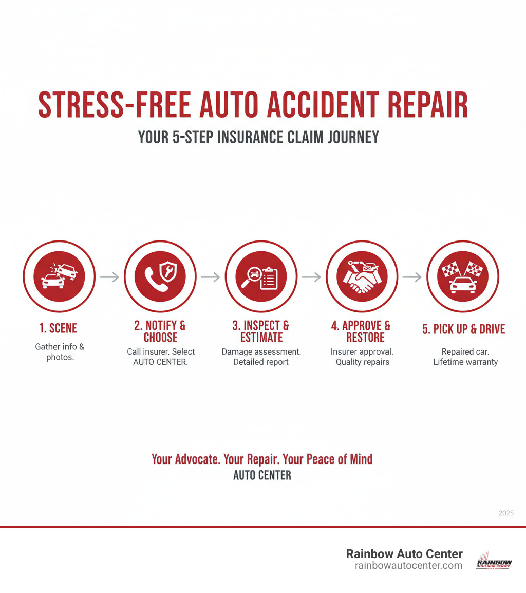 Infographic showing 5 key steps: 1. Collision occurs and you gather information at scene 2. You notify your insurer and choose Rainbow Auto Center 3. We inspect damage and create detailed estimate for insurance 4. Insurance approves repairs and we restore your vehicle 5. You pick up your fully repaired car with lifetime warranty - insurance claim assistance auto body infographic 