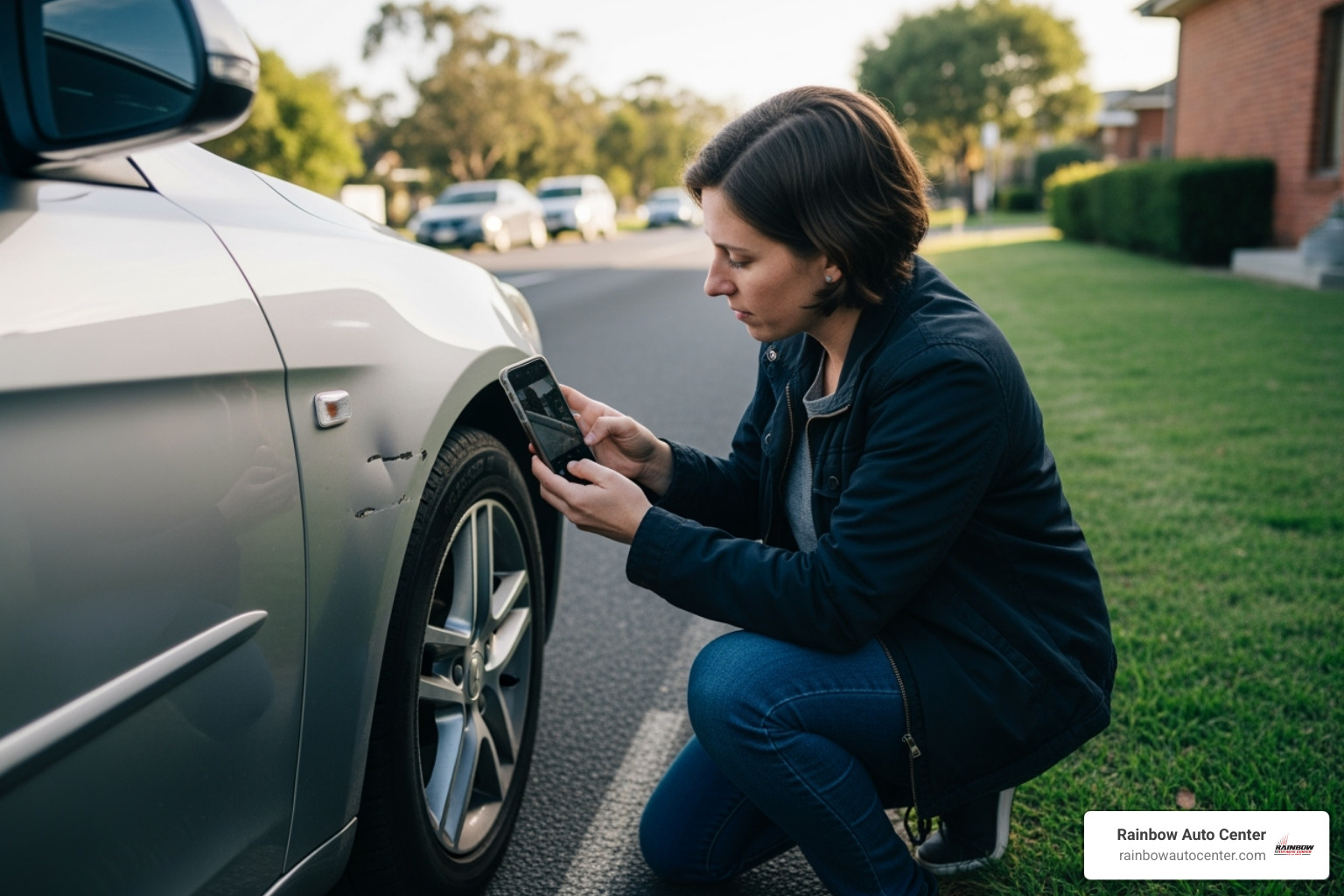 driver safely taking photos of car damage with their smartphone - insurance claim assistance auto body