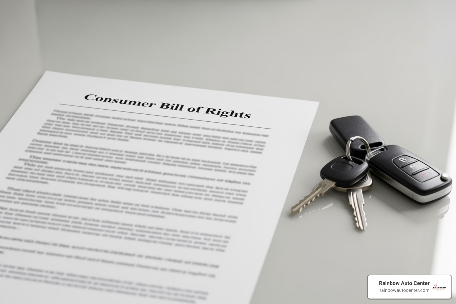 Consumer Bill of Rights document next to a set of car keys - insurance claim assistance auto body