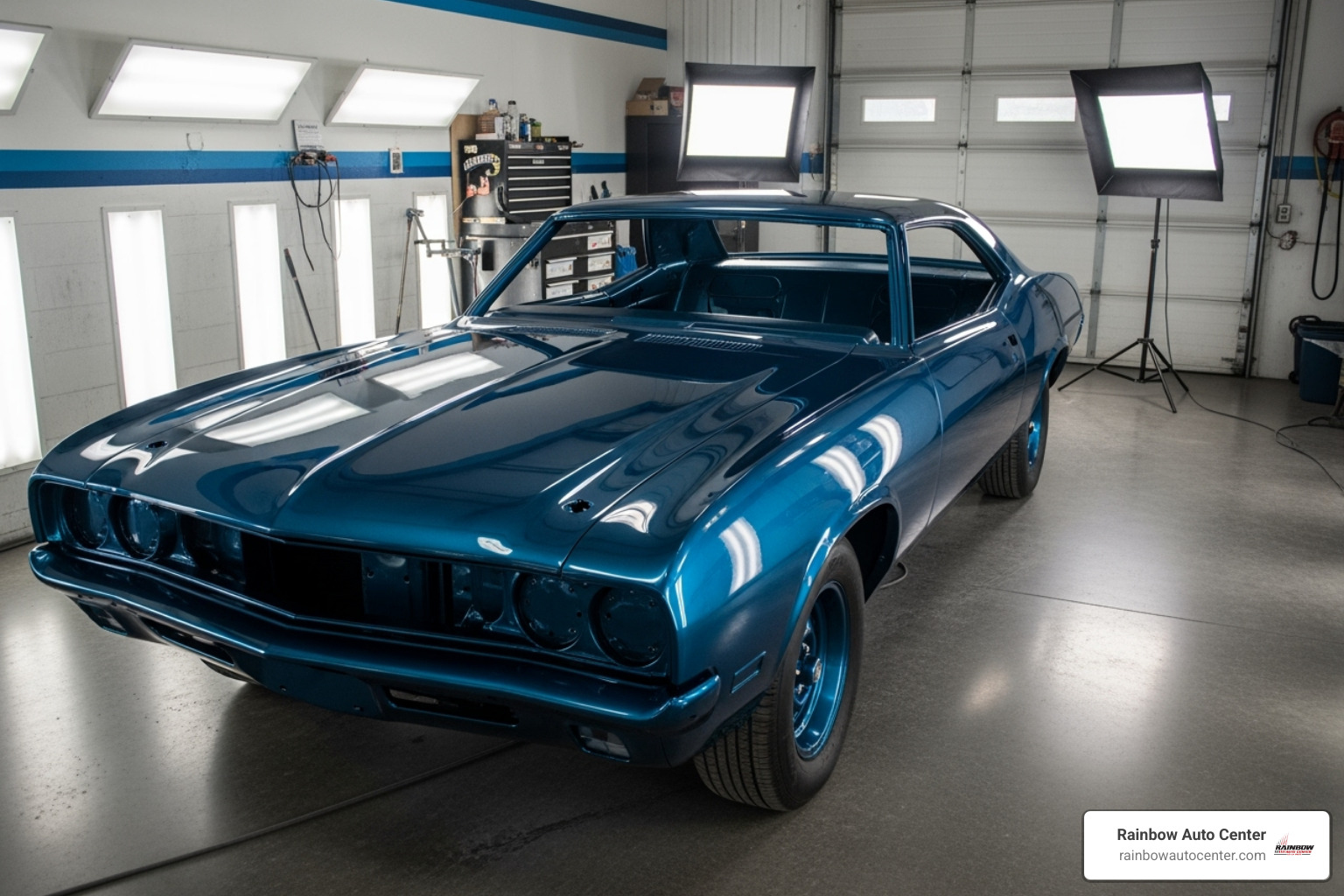 perfectly repaired and painted car gleaming under bright lights - insurance claim assistance auto body