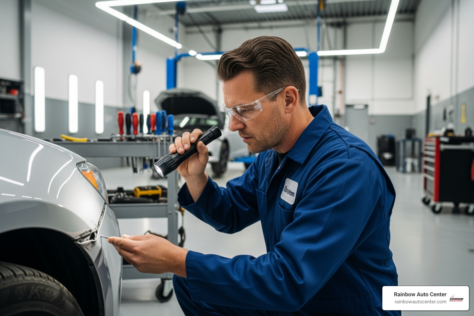 mechanic performing a detailed vehicle inspection - insurance claim assistance auto body