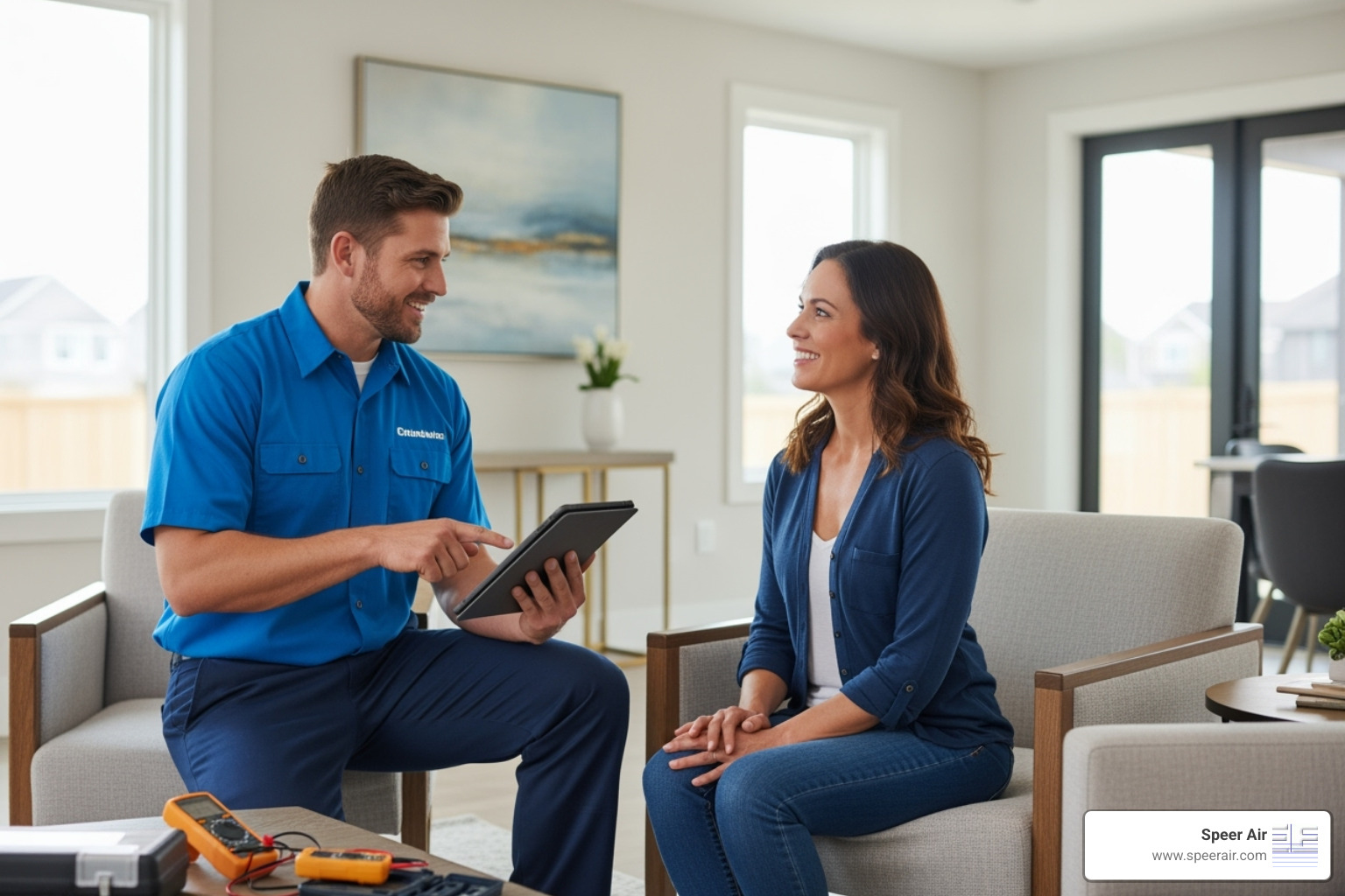 friendly HVAC technician consulting with a homeowner in a Northern NJ home - carrier heating system northern nj friendly HVAC technician consulting with a homeowner in a Northern NJ home - carrier heating system northern nj