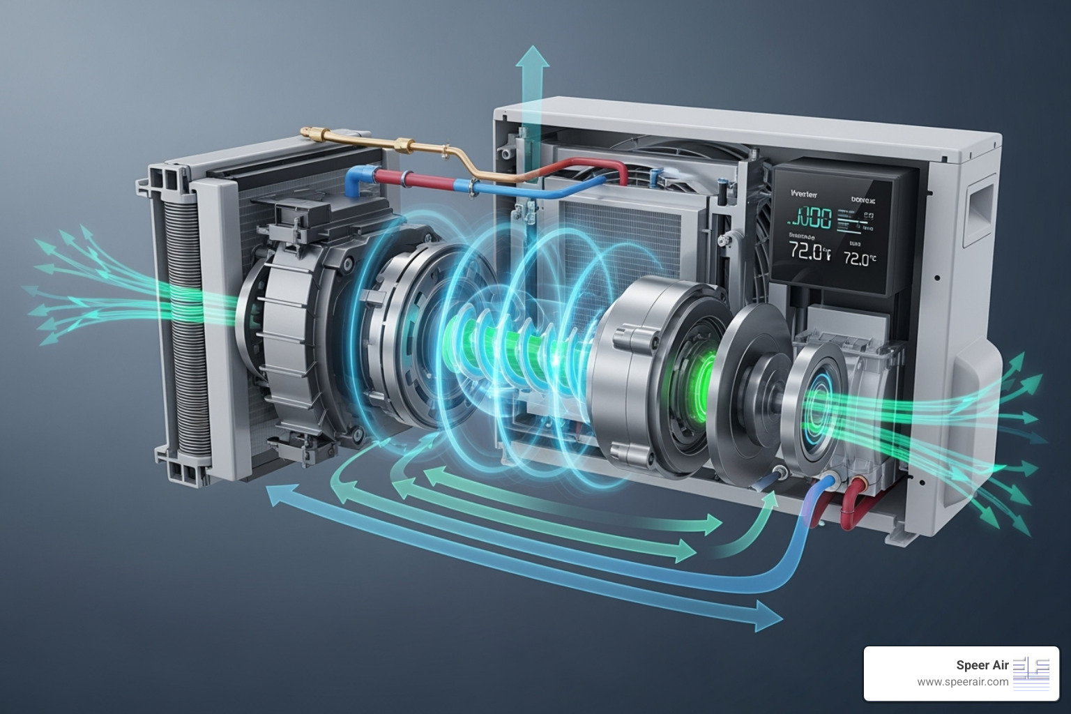 illustration of Carrier's Greenspeed Intelligence technology in action, showing variable speed compressor and precise temperature control - carrier heating system northern nj illustration of Carrier's Greenspeed Intelligence technology in action, showing variable speed compressor and precise temperature control - carrier heating system northern nj
