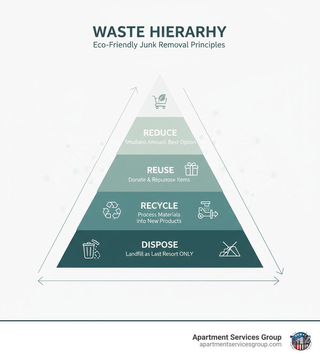 Infographic showing the waste hierarchy pyramid with four tiers from top to bottom: Reduce (smallest amount, best option), Reuse (donate and repurpose items), Recycle (process materials into new products), and Dispose (landfill as last resort only) - eco friendly junk removal infographic Infographic showing the waste hierarchy pyramid with four tiers from top to bottom: Reduce (smallest amount, best option), Reuse (donate and repurpose items), Recycle (process materials into new products), and Dispose (landfill as last resort only) - eco friendly junk removal infographic