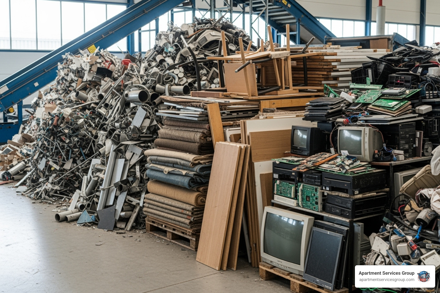 Neatly sorted piles of junk: one for metal, one for furniture, and one for electronics - eco friendly junk removal Neatly sorted piles of junk: one for metal, one for furniture, and one for electronics - eco friendly junk removal