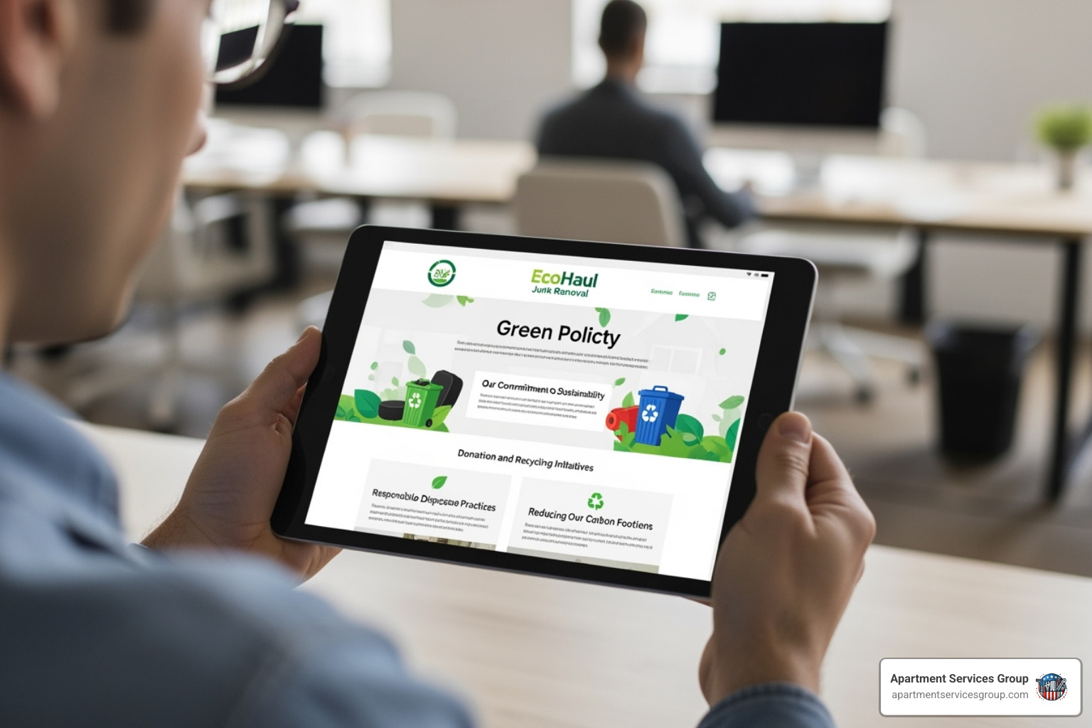 A person on a tablet looking at a junk removal company's "green" policy page - eco friendly junk removal A person on a tablet looking at a junk removal company's "green" policy page - eco friendly junk removal