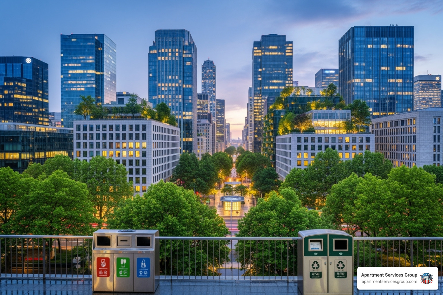 A clean, green city skyline with recycling bins and trees - eco friendly junk removal A clean, green city skyline with recycling bins and trees - eco friendly junk removal