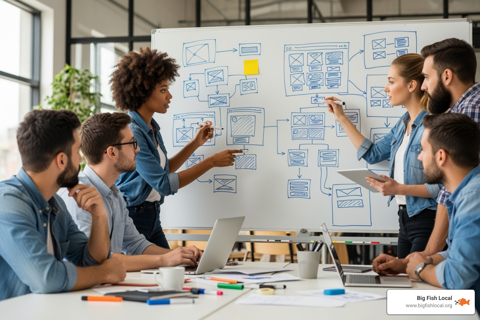 Image of a team collaborating around a whiteboard with wireframes - columbus ohio web development Image of a team collaborating around a whiteboard with wireframes - columbus ohio web development