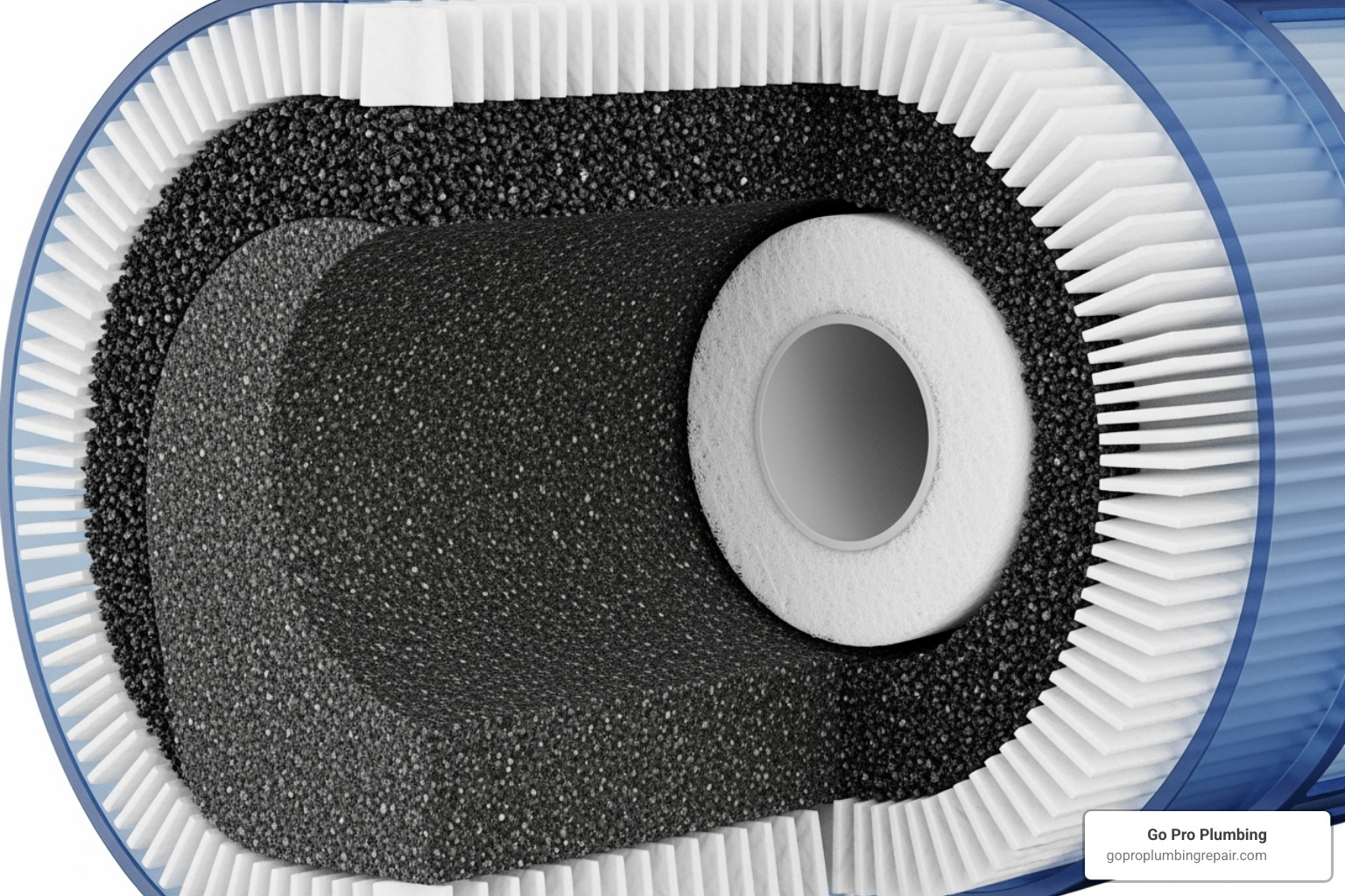 A cutaway image of a multi-stage water filter cartridge, showing distinct layers of filtration media. The outermost layer is a sediment pre-filter, followed by a layer of granular activated carbon, then a carbon block, and finally a post-filter. Each layer is clearly labeled, demonstrating how water passes through multiple stages for comprehensive purification. - Water filtration systems