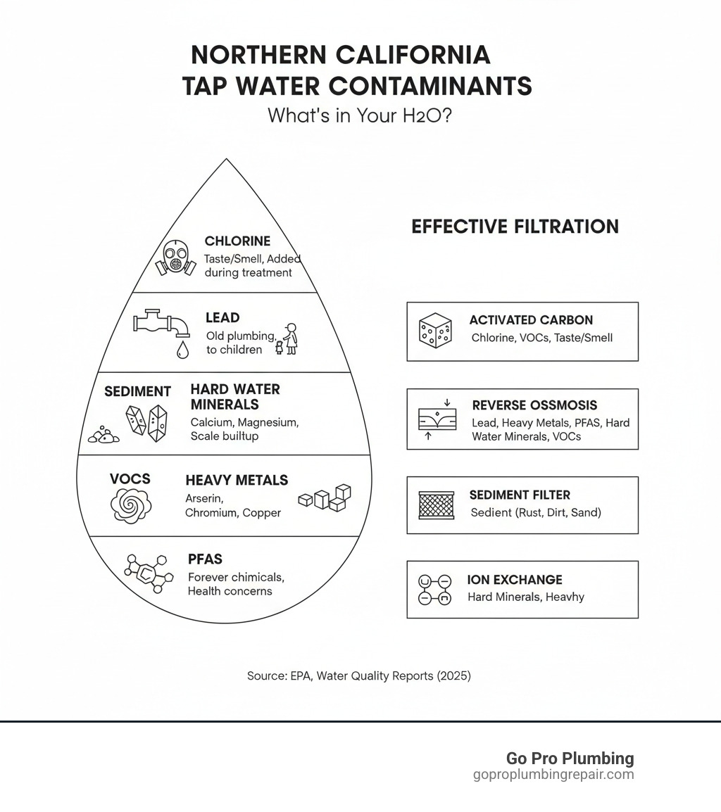 Infographic showing common water contaminants found in Northern California tap water: chlorine (added during treatment, affects taste and smell), lead (from older plumbing, especially harmful to children), sediment (rust, dirt, and sand particles), hard water minerals (calcium and magnesium causing scale buildup), volatile organic compounds or VOCs (industrial solvents and chemicals), heavy metals (arsenic, chromium, copper), and PFAS or forever chemicals (linked to health concerns). The infographic includes visual icons for each contaminant type and indicates which filtration technologies are most effective for removal. - Water filtration systems infographic 