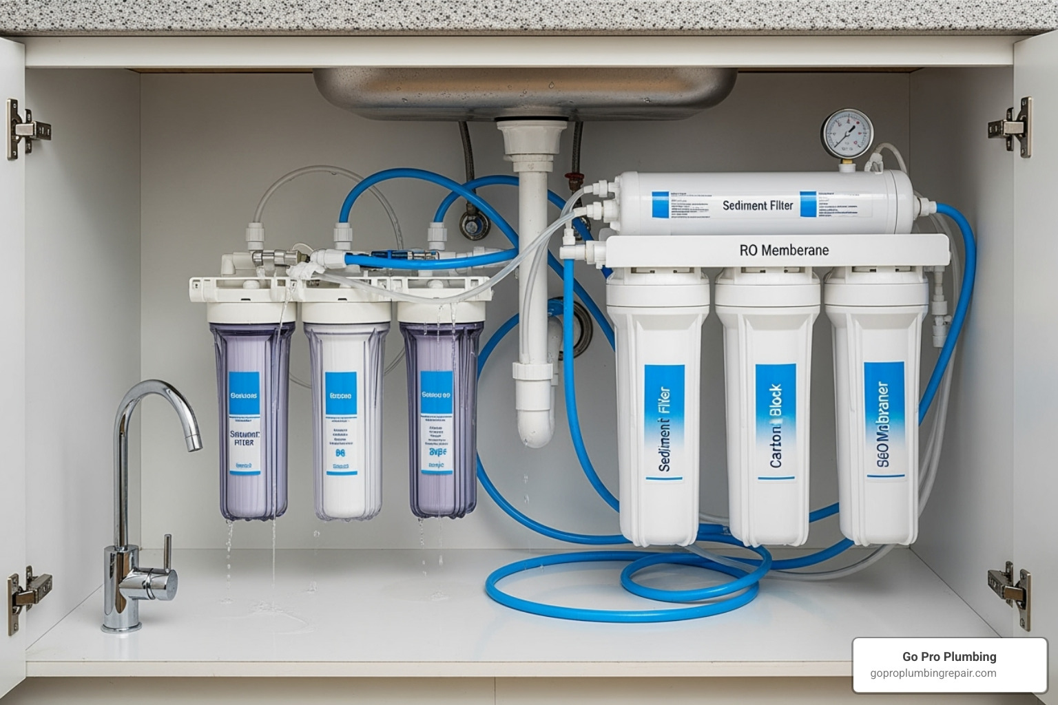 A diagram illustrating the installation points of water filtration systems. On the left, a "Whole-House Water Filter" is shown installed on the main water line where water enters the house, with arrows indicating filtered water flowing to all faucets, showers, and appliances. On the right, "Point-of-Use Filters" are depicted at various locations: an under-sink filter at the kitchen faucet, a shower filter attached to a showerhead, and a refrigerator filter integrated into the fridge's water dispenser. - Water filtration systems