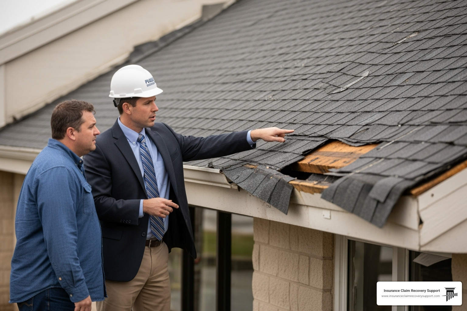 Public adjuster inspecting damaged commercial property with owner - Amarillo storm damage