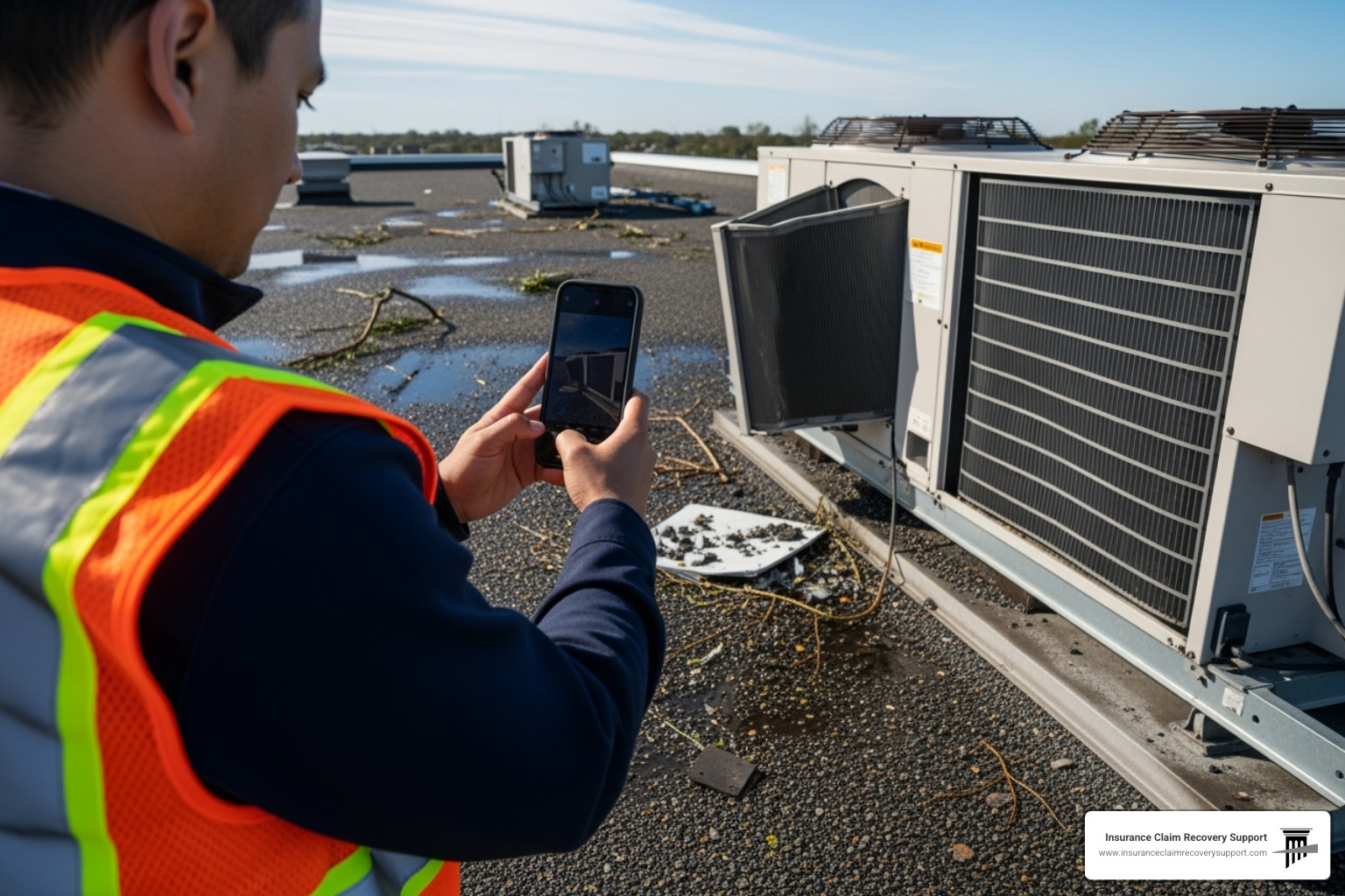 Property manager taking photos of damaged HVAC unit on a roof - Amarillo storm damage