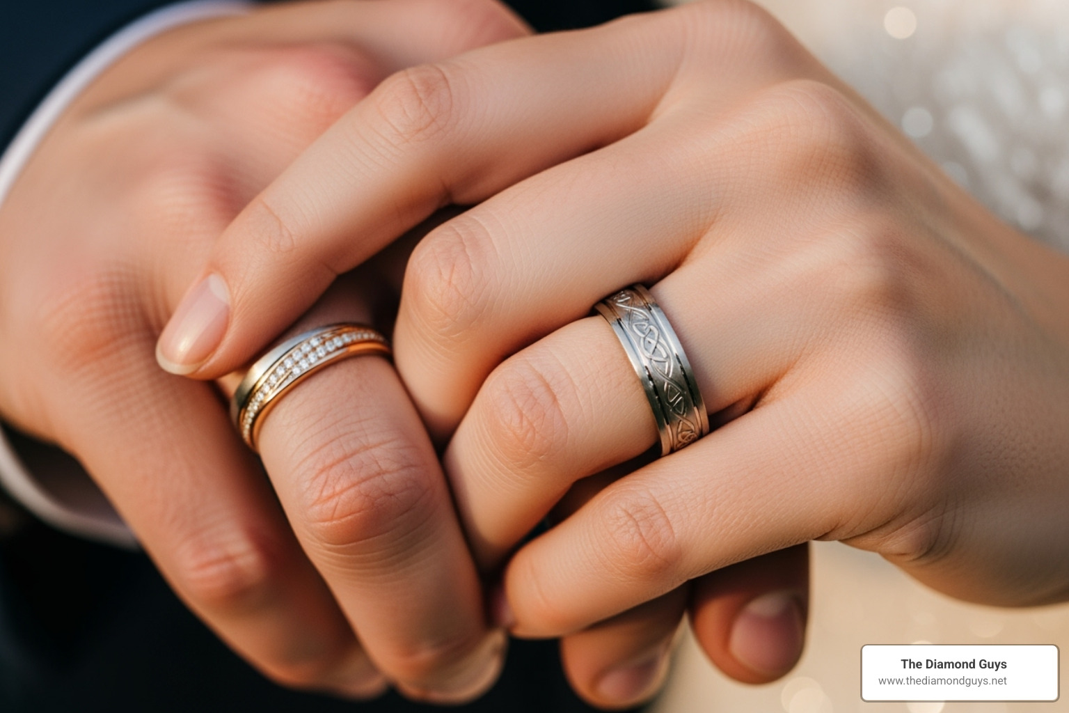 A couple's hands gently clasped, showcasing their custom wedding bands that complement each other's styles - Create custom wedding band