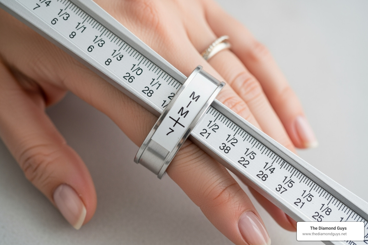 A hand with a ring sizer tool on one finger, demonstrating how to measure ring size - Create custom wedding band