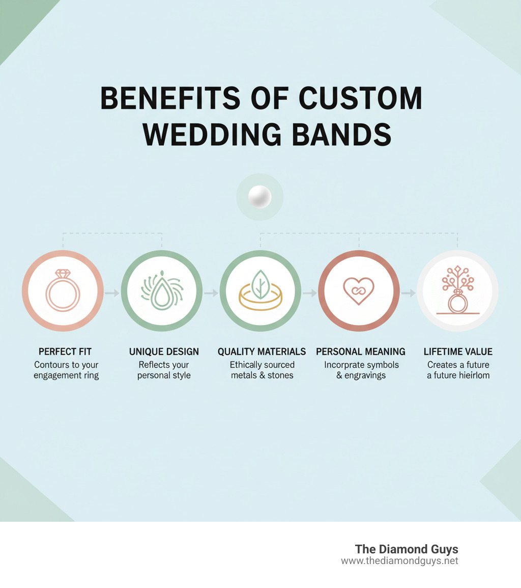 Infographic showing the benefits of custom wedding bands: Perfect Fit (contours to your engagement ring), Unique Design (reflects your personal style), Quality Materials (choose ethically sourced metals and stones), Personal Meaning (incorporate symbols and engravings), and Lifetime Value (creates a future heirloom) - Create custom wedding band infographic 