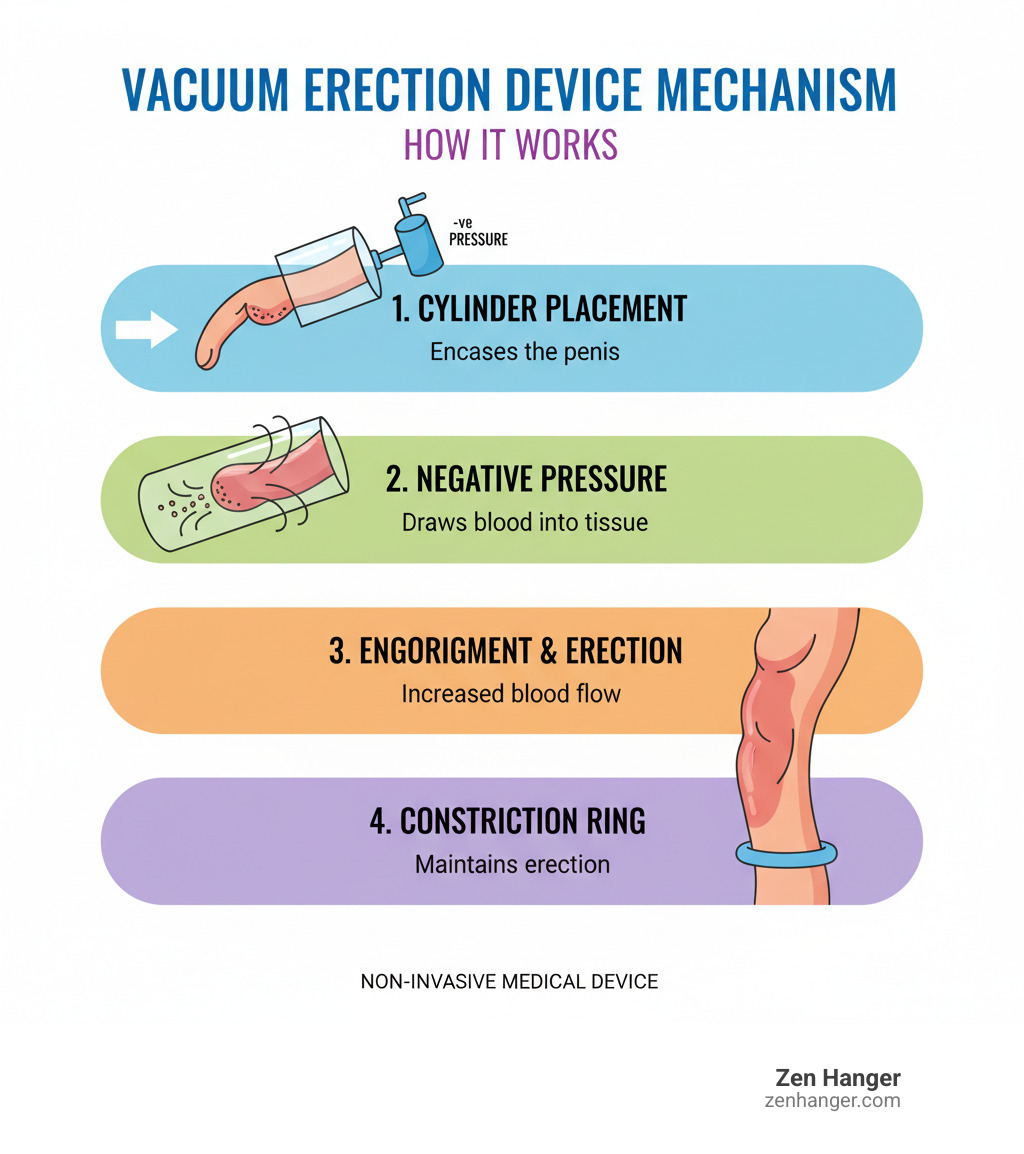 Infographic showing the mechanism of a vacuum erection device: a cylinder placed over the penis, a pump creating negative pressure to draw blood into the penile tissue, resulting in engorgement and erection, followed by placement of a constriction ring at the base to maintain the erection - penis pump Southern California infographic Infographic showing the mechanism of a vacuum erection device: a cylinder placed over the penis, a pump creating negative pressure to draw blood into the penile tissue, resulting in engorgement and erection, followed by placement of a constriction ring at the base to maintain the erection - penis pump Southern California infographic