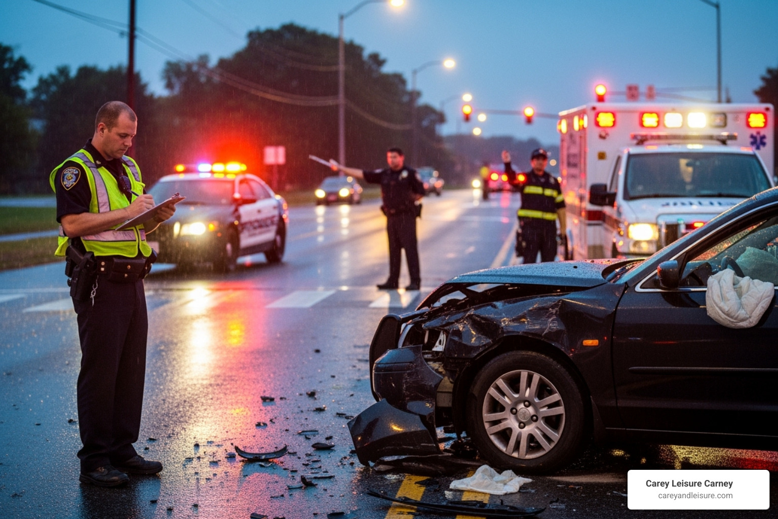 accident scene with police officer taking notes - accident and injury lawyer