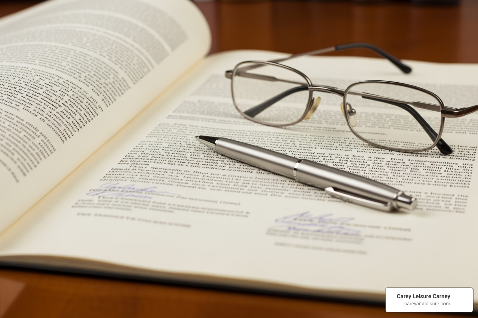 legal document with pen and glasses - accident and injury lawyer