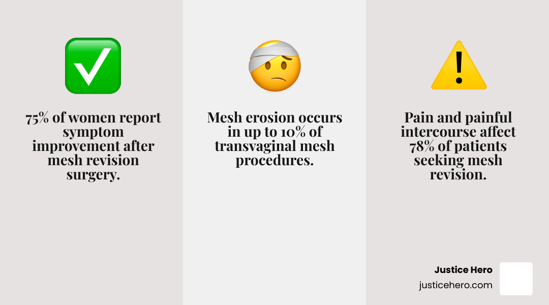infographic explaining pelvic organ prolapse versus stress urinary incontinence, showing anatomical diagrams of normal pelvic anatomy compared to prolapsed organs, and illustrating where mesh is typically placed for each condition, with labels for the bladder, urethra, vagina, rectum, and uterus - mesh revision surgery infographic 3_facts_emoji_grey