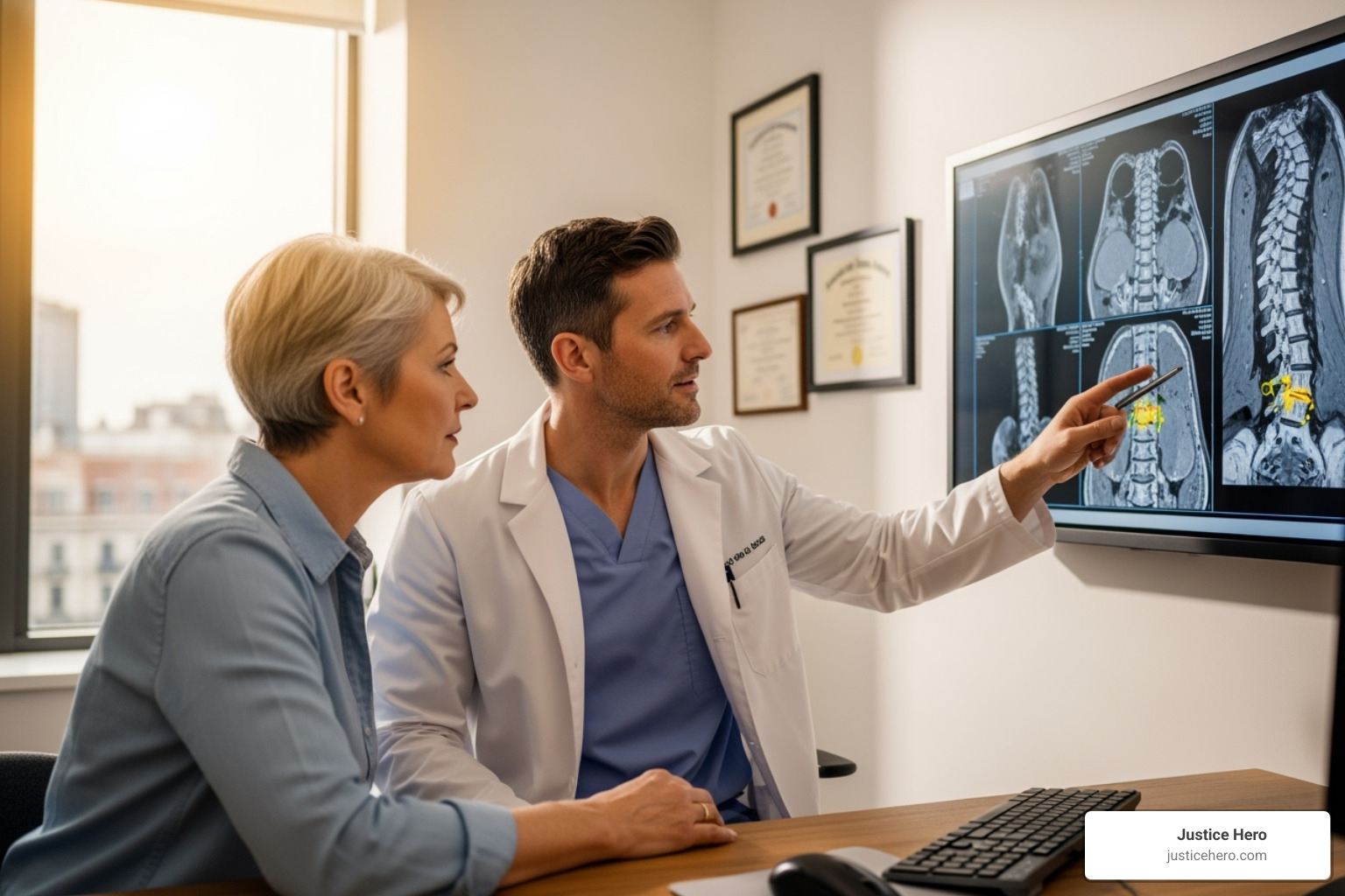 image showing a surgeon reviewing an MRI scan with a patient - mesh revision surgery