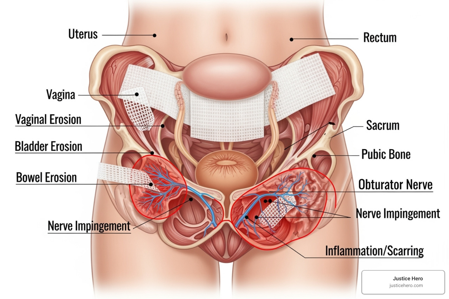 image illustrating common mesh complication sites in the pelvic region - mesh revision surgery