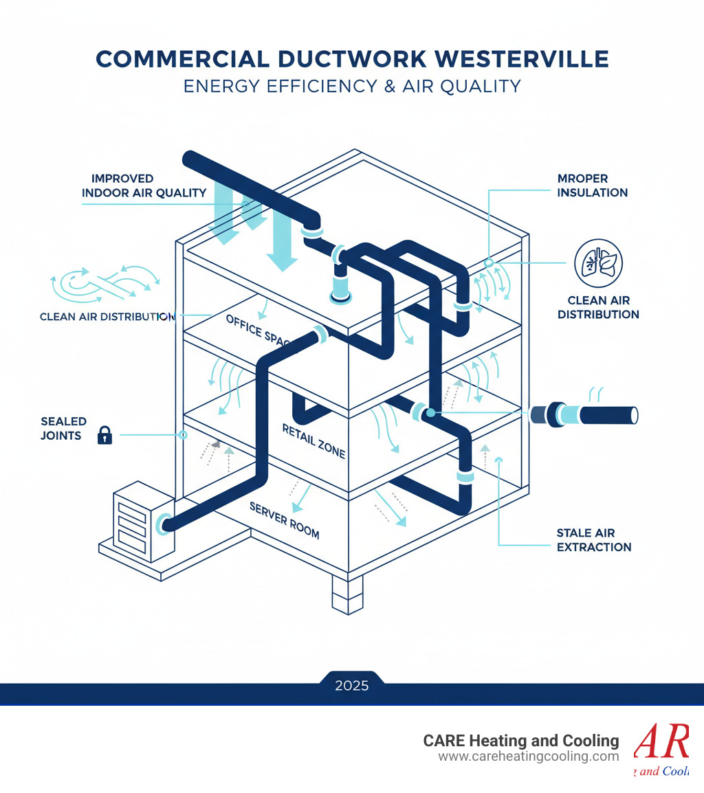 Detailed infographic showing a cross-section of a commercial building with visible ductwork system distributing conditioned air to different zones, highlighting energy efficiency factors like proper insulation and sealed joints, and showing the impact on indoor air quality with arrows indicating airflow patterns - commercial ductwork westerville infographic Detailed infographic showing a cross-section of a commercial building with visible ductwork system distributing conditioned air to different zones, highlighting energy efficiency factors like proper insulation and sealed joints, and showing the impact on indoor air quality with arrows indicating airflow patterns - commercial ductwork westerville infographic